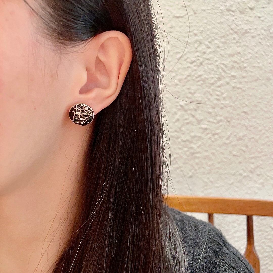 Elegant Camellia Flower CC Logo Enamel Stud Earrings