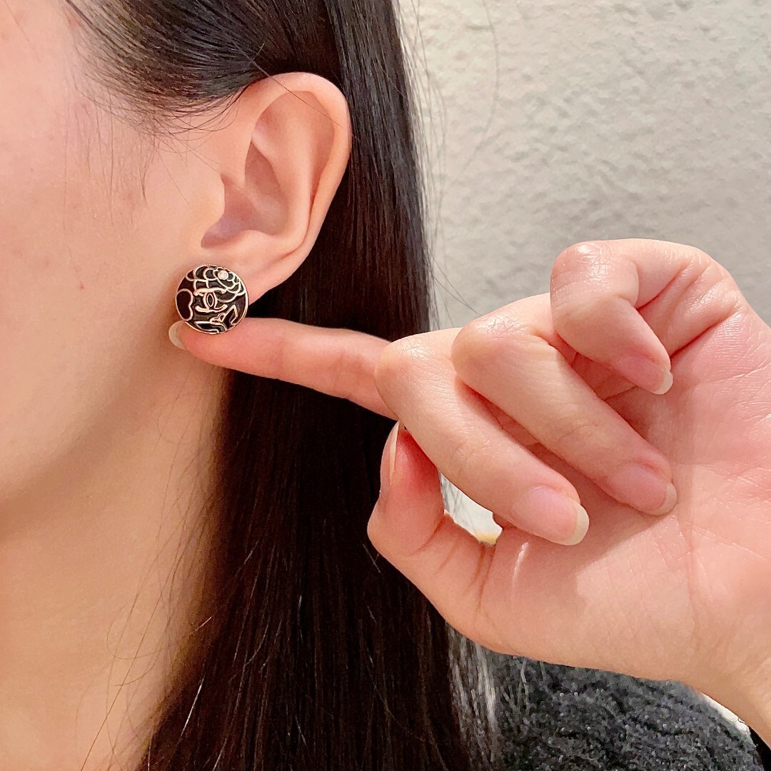 Elegant Camellia Flower CC Logo Enamel Stud Earrings