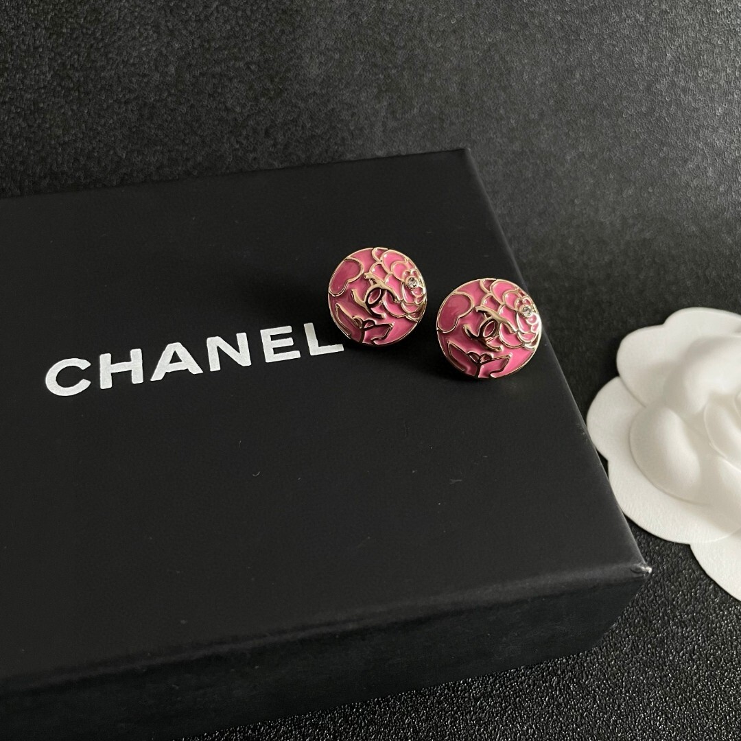 Elegant Camellia Flower CC Logo Stud Earrings - Luxury Floral Design