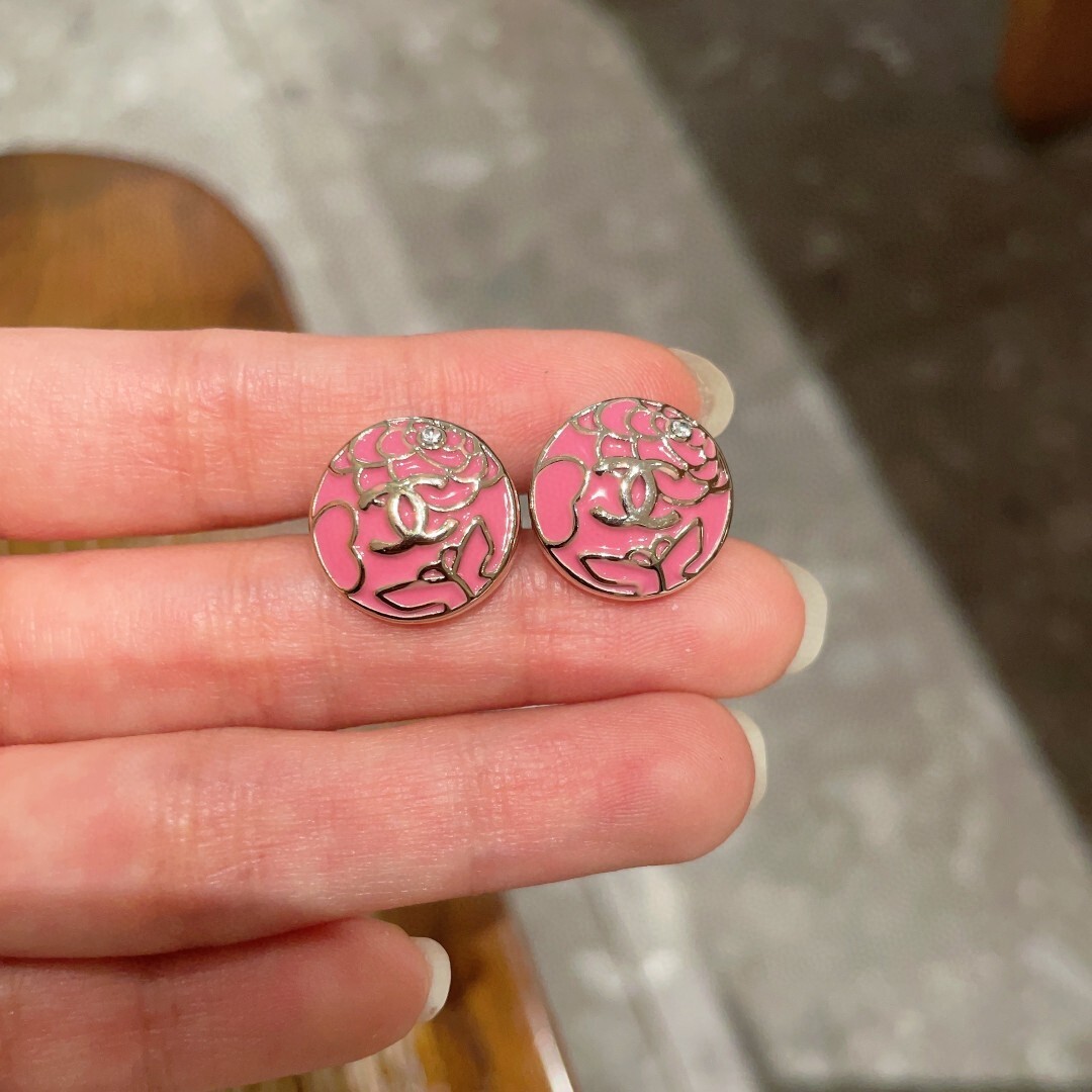 Elegant Camellia Flower CC Logo Stud Earrings - Luxury Floral Design