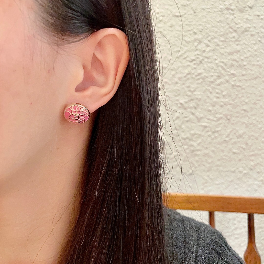 Elegant Camellia Flower CC Logo Stud Earrings - Luxury Floral Design