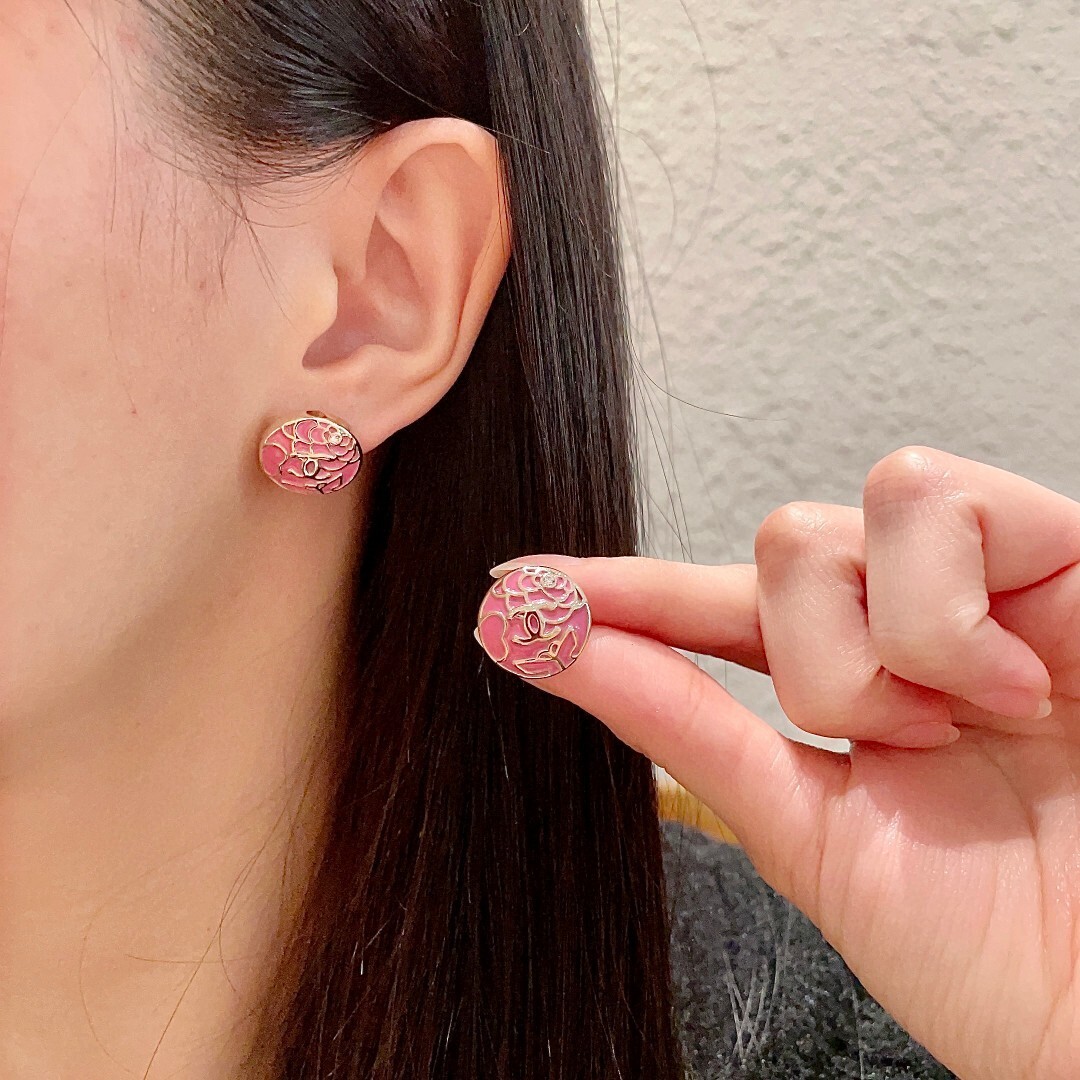 Elegant Camellia Flower CC Logo Stud Earrings – Luxury Floral Design