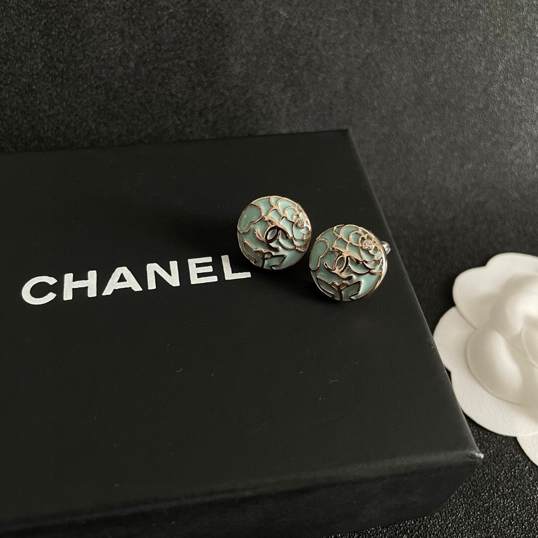 Vintage Mint Enamel Camellia Flower Stud Earrings with CC Logo