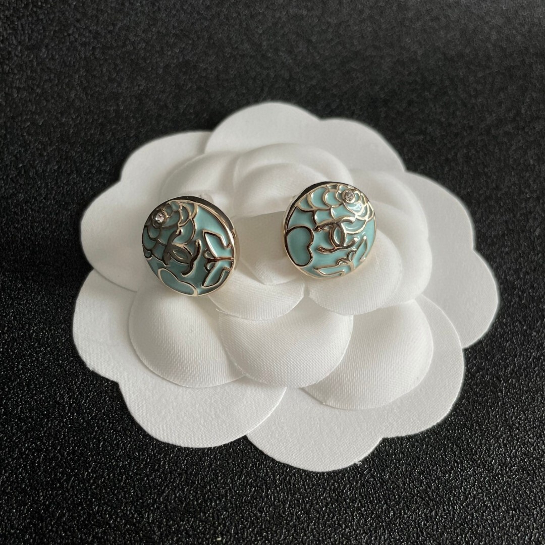 Vintage Mint Enamel Camellia Flower Stud Earrings with CC Logo