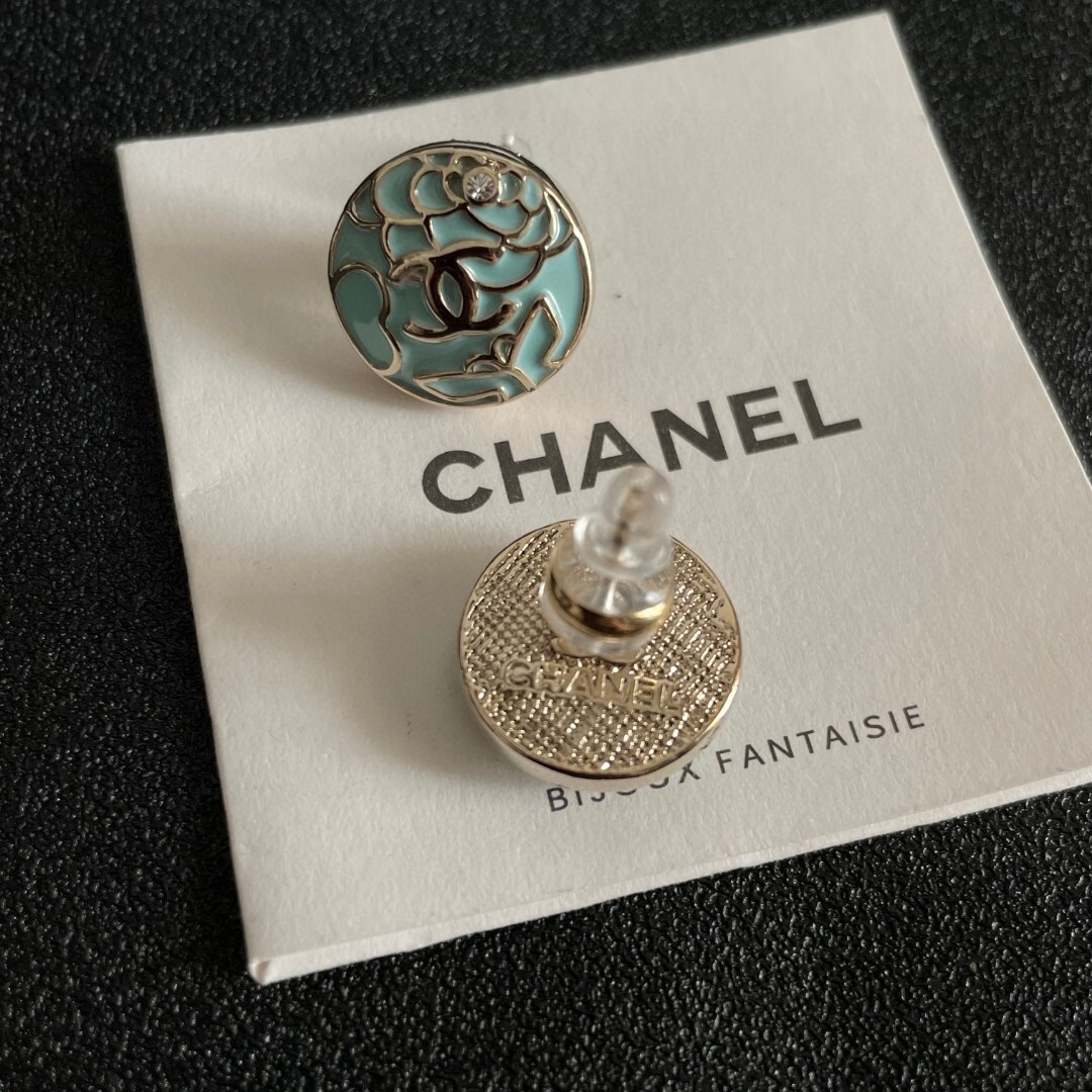 Vintage Mint Enamel Camellia Flower Stud Earrings with CC Logo