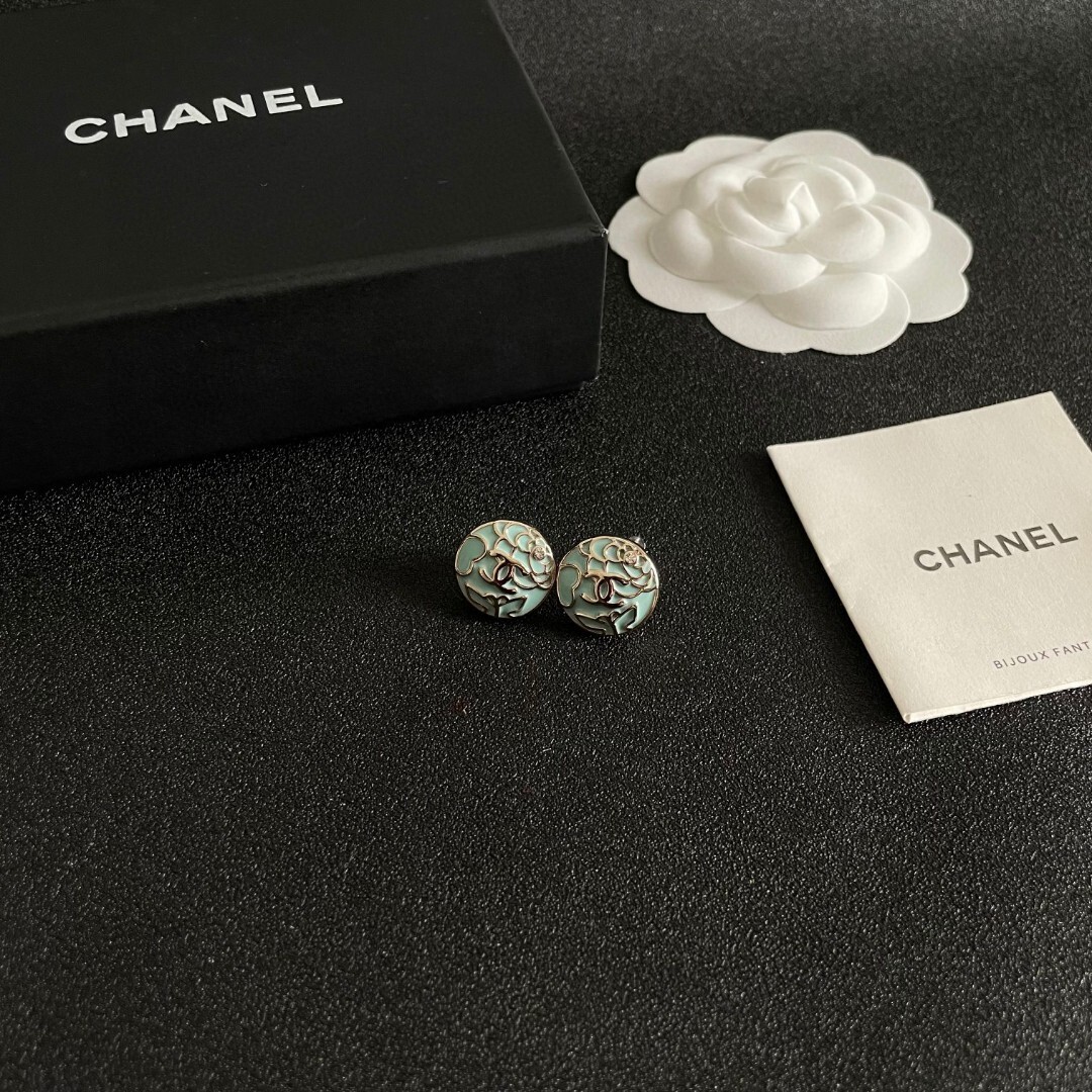 Vintage Mint Enamel Camellia Flower Stud Earrings with CC Logo