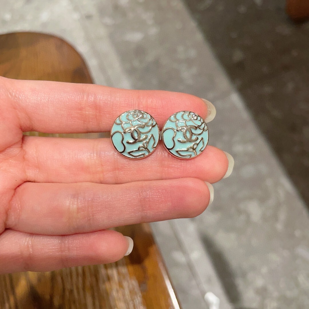 Vintage Mint Enamel Camellia Flower Stud Earrings with CC Logo