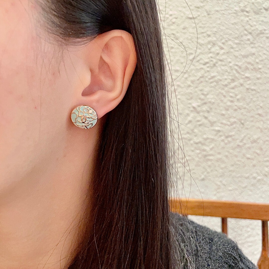 Vintage Mint Enamel Camellia Flower Stud Earrings with CC Logo