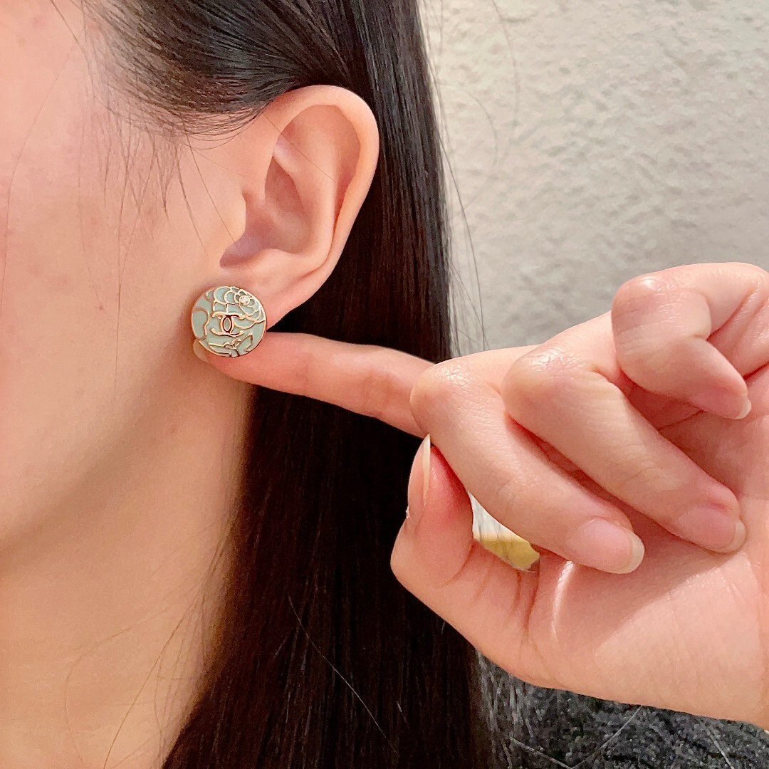 Vintage Mint Enamel Camellia Flower Stud Earrings with CC Logo