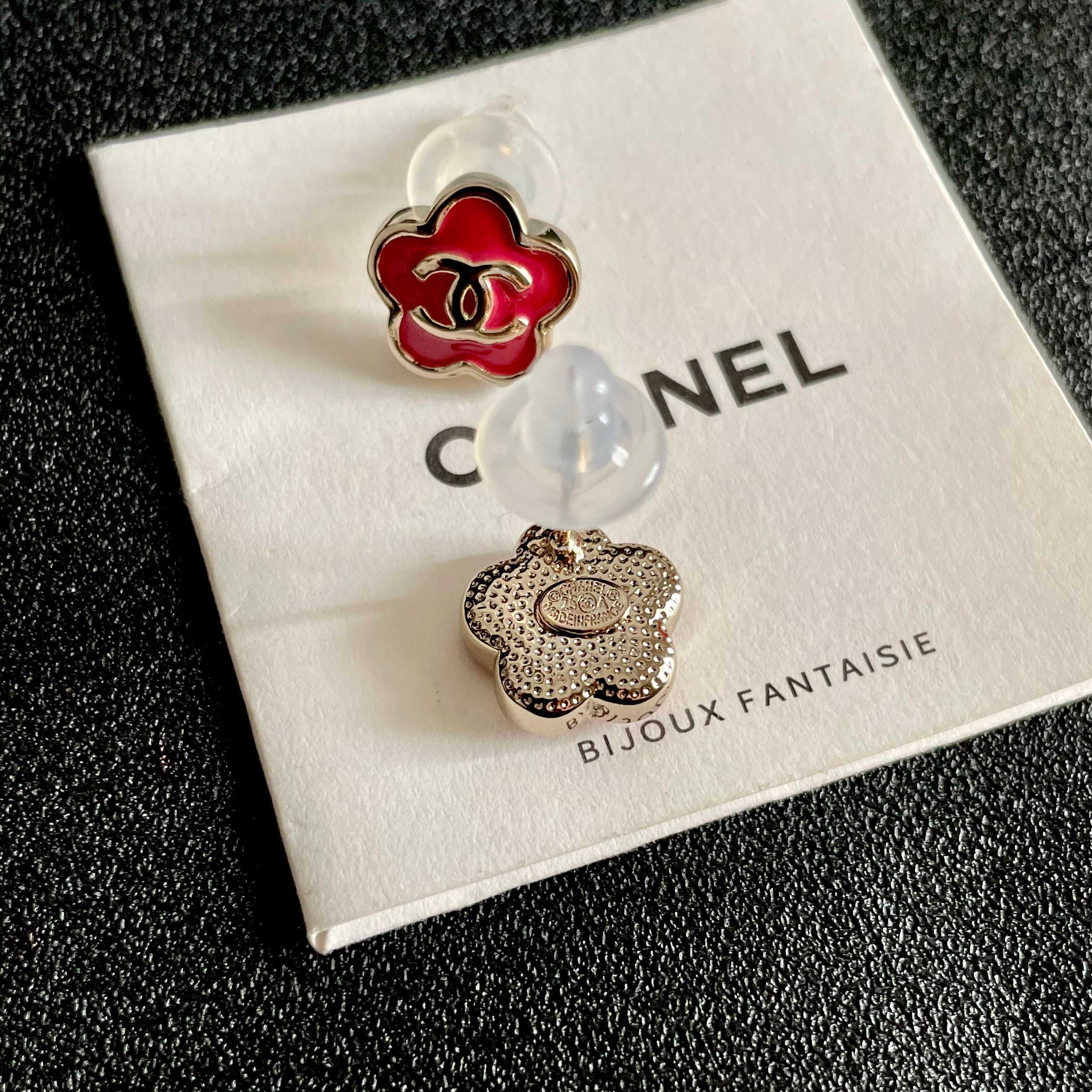 Elegant Red Camellia Flower Stud Earrings with Gold Logo