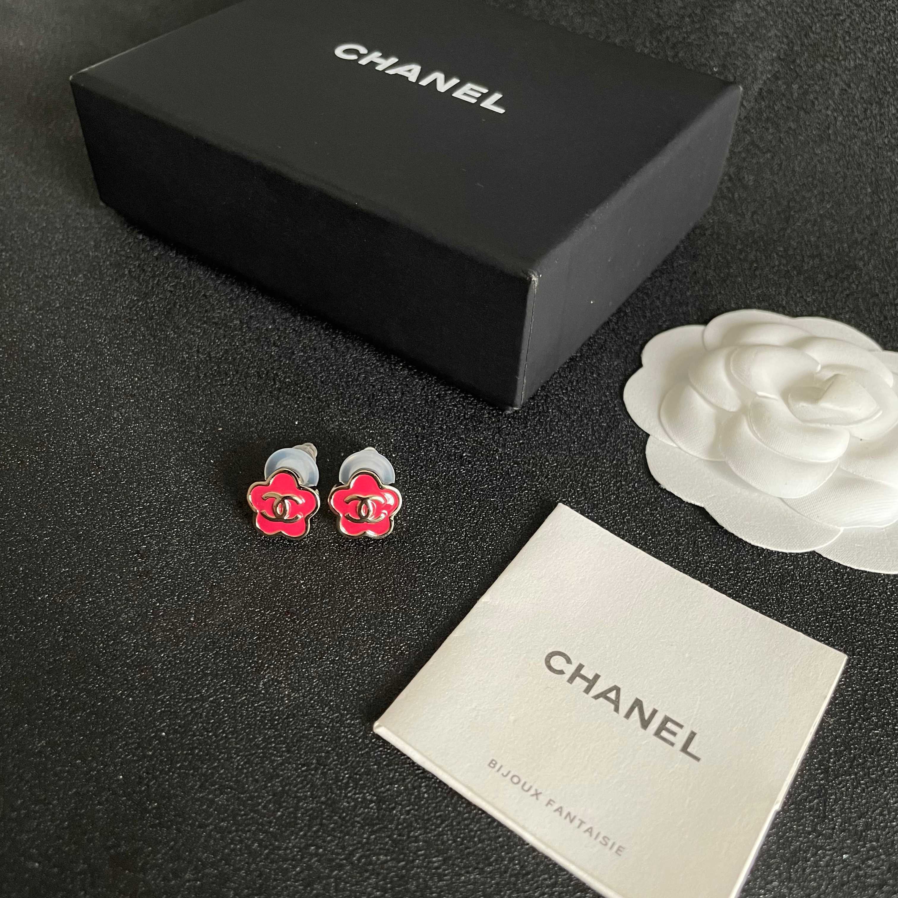 Elegant Red Camellia Flower Stud Earrings with Gold Logo