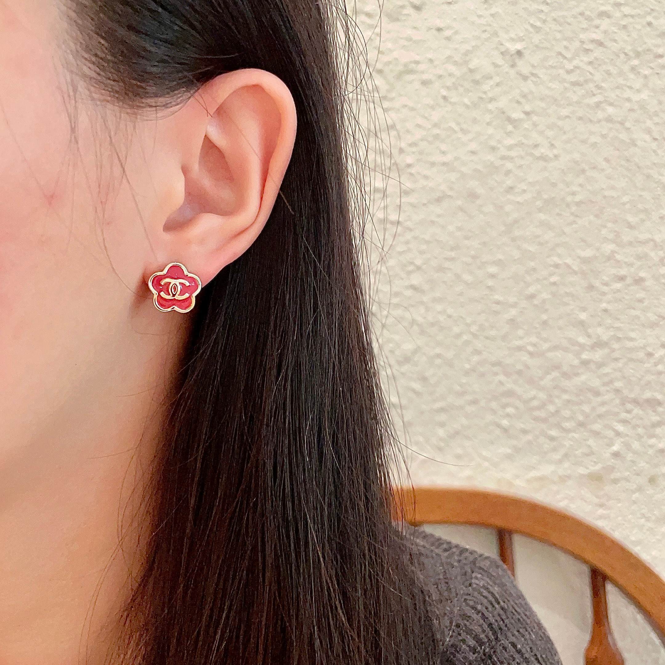 Elegant Red Camellia Flower Stud Earrings with Gold Logo