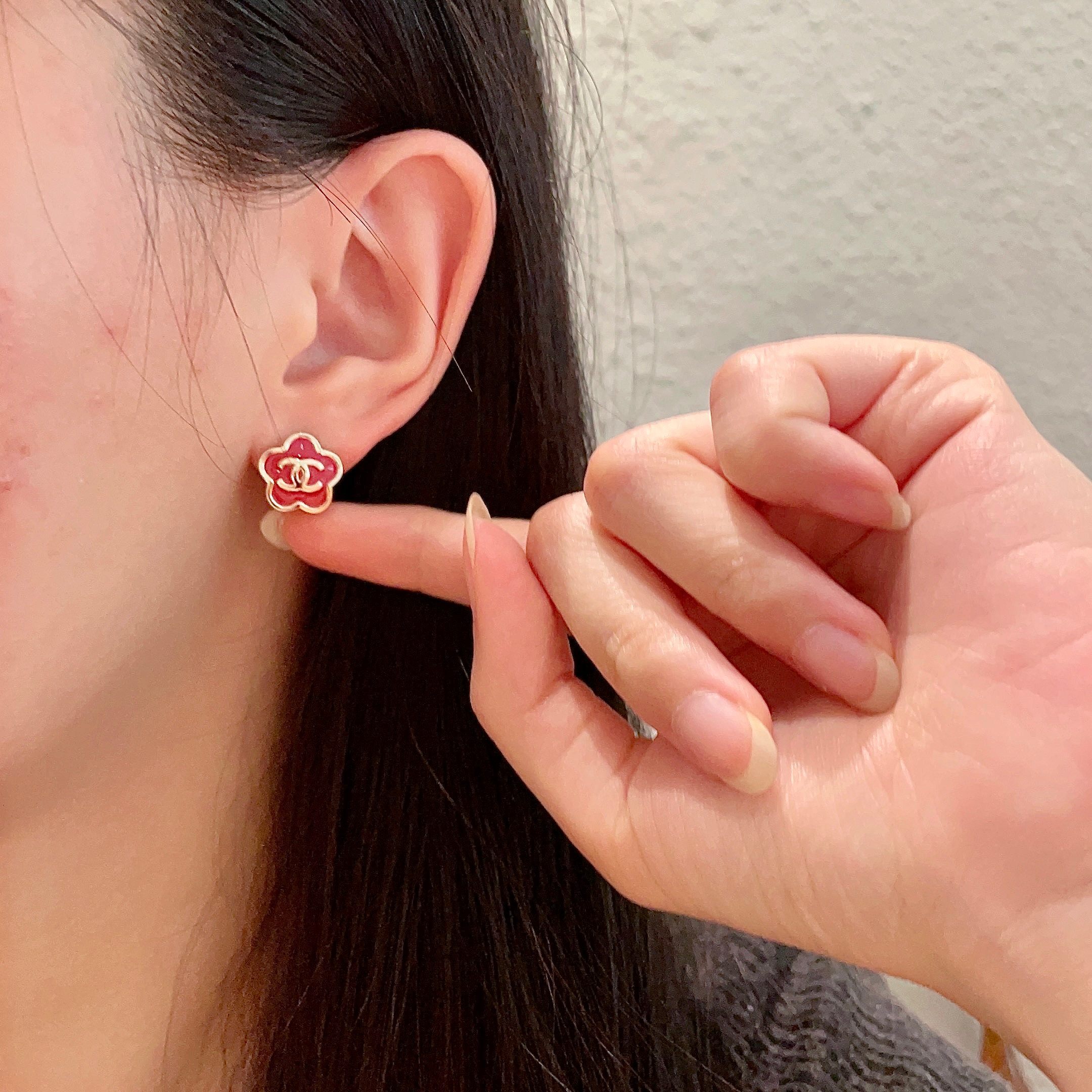 Elegant Red Camellia Flower Stud Earrings with Gold Logo