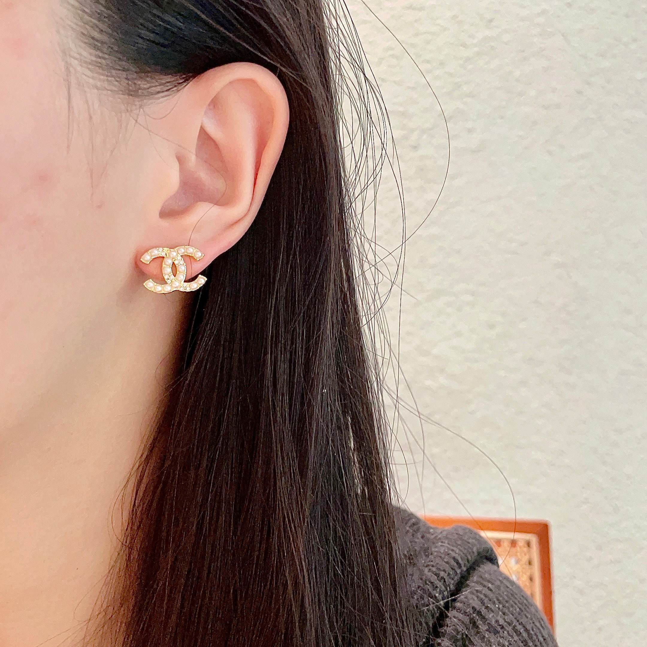 Elegant Gold Double C Pearl Stud Earrings for Women