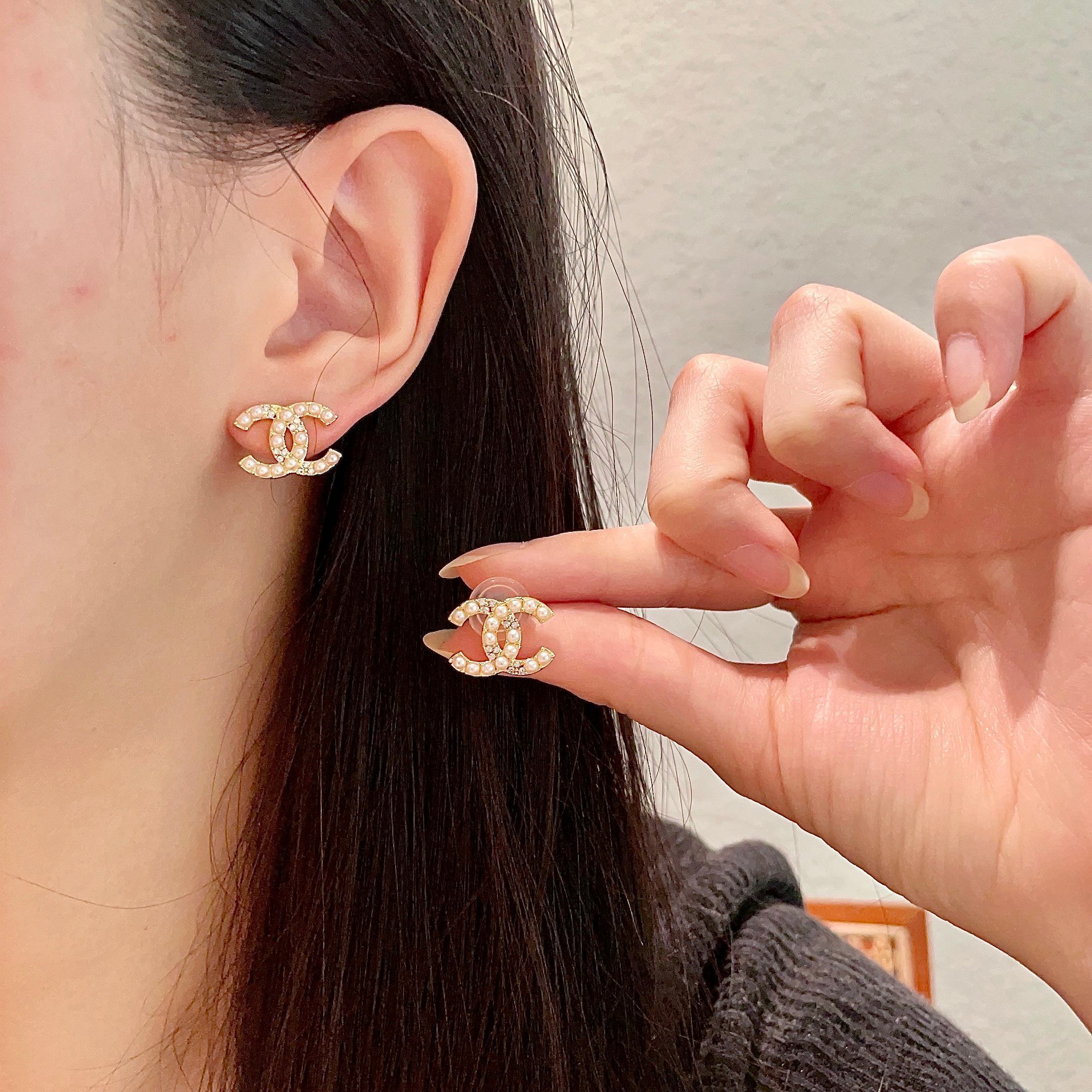 Elegant Gold Double C Pearl Stud Earrings for Women