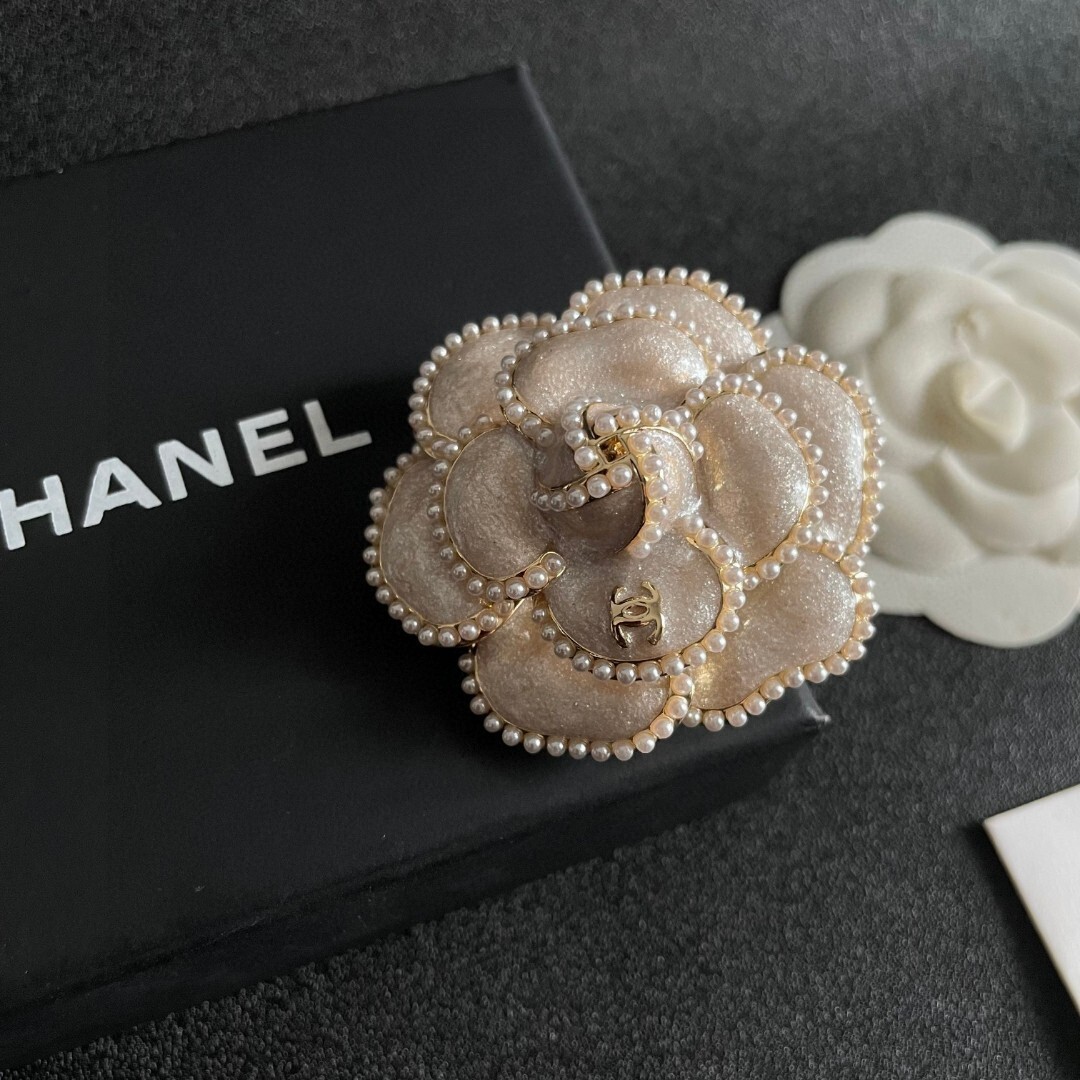 Elegant Chanel Camellia Flower Brooch with Pearl Trim & CC Logo