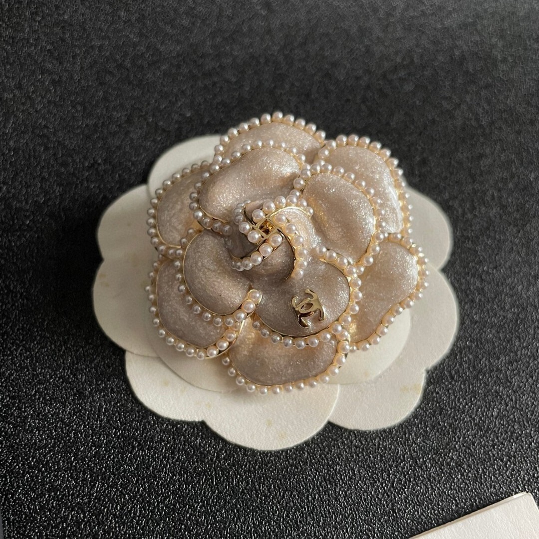 Elegant Chanel Camellia Flower Brooch with Pearl Trim & CC Logo