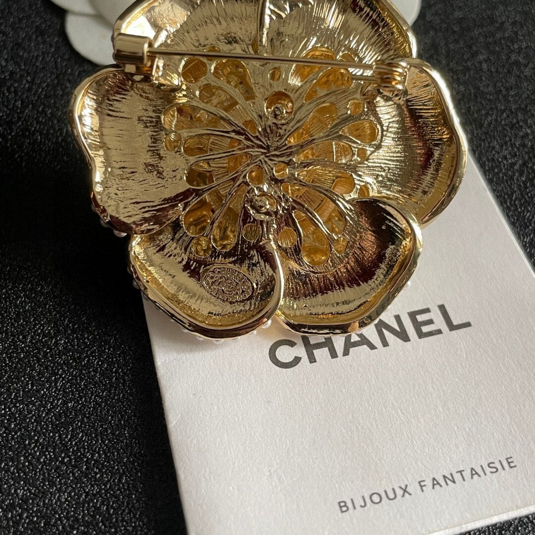 Elegant Chanel Camellia Flower Brooch with Pearl Trim & CC Logo