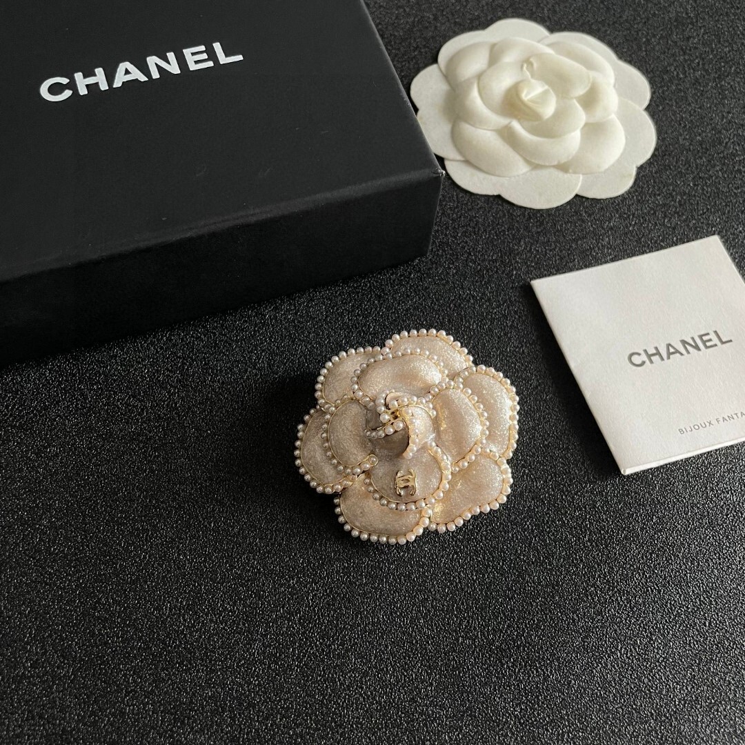 Elegant Chanel Camellia Flower Brooch with Pearl Trim & CC Logo