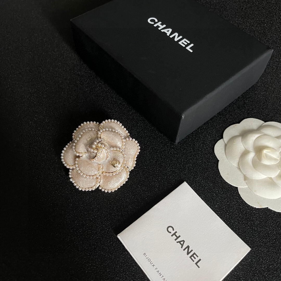 Elegant Chanel Camellia Flower Brooch with Pearl Trim & CC Logo