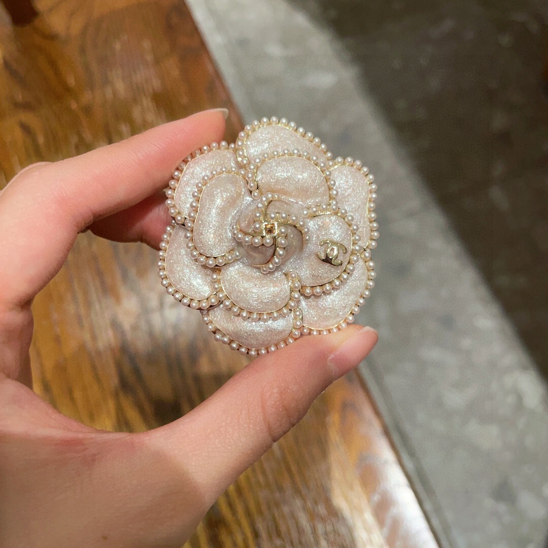 Elegant Chanel Camellia Flower Brooch with Pearl Trim & CC Logo