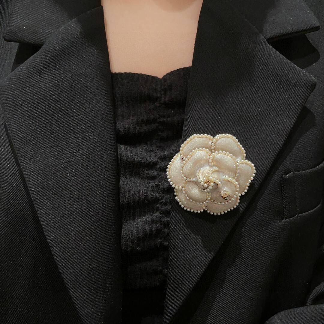 Elegant Chanel Camellia Flower Brooch with Pearl Trim & CC Logo