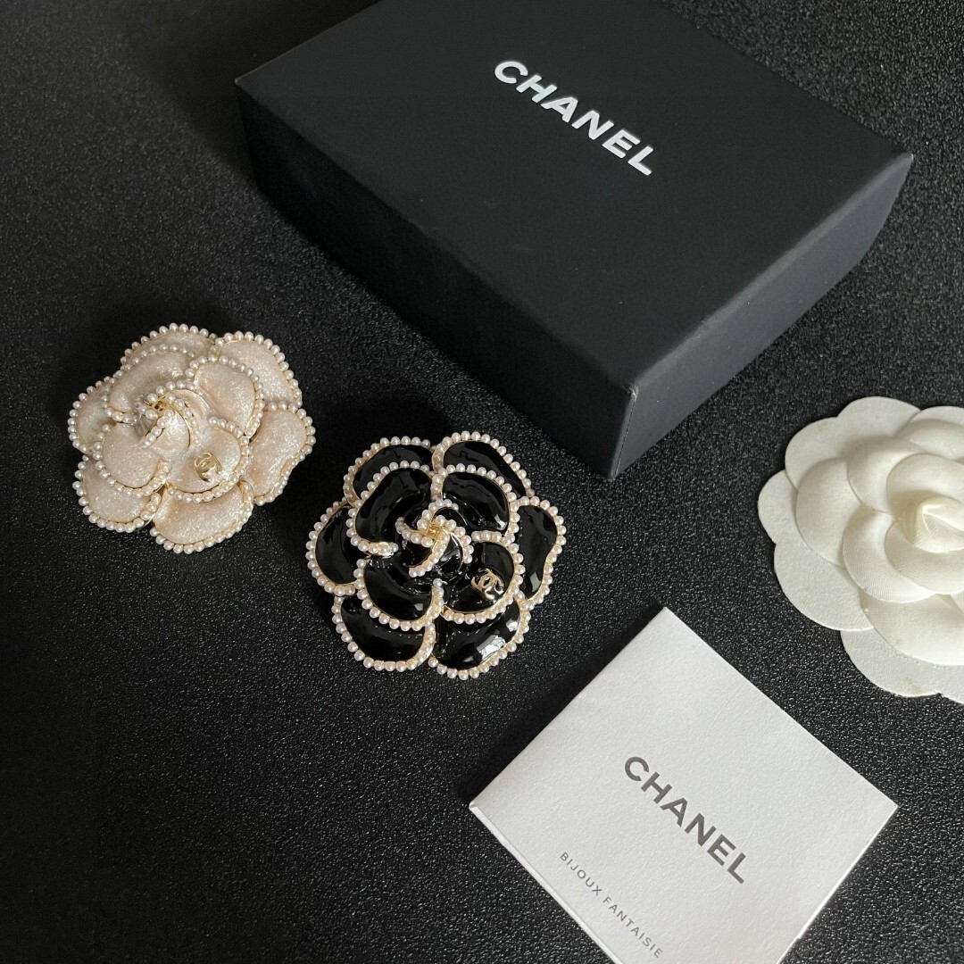 Elegant Chanel Camellia Flower Brooch with Pearl Trim & CC Logo