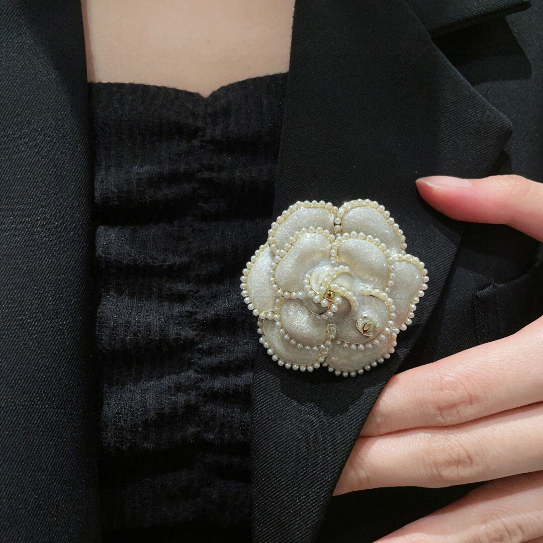 Elegant Chanel Camellia Flower Brooch with Pearl Trim & CC Logo