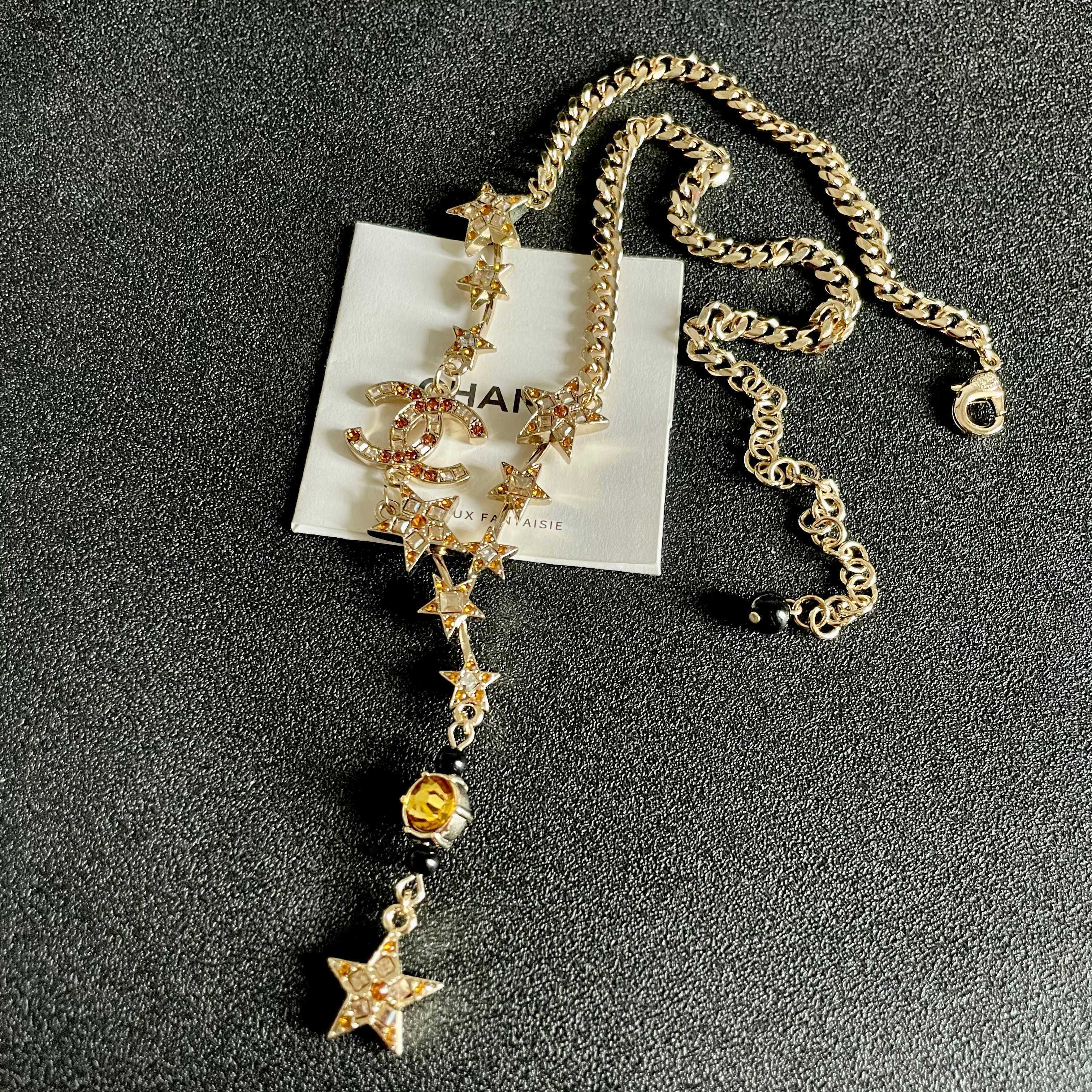 Luxury Gold Star & CC Logo Pendant Necklace with Amber Crystal