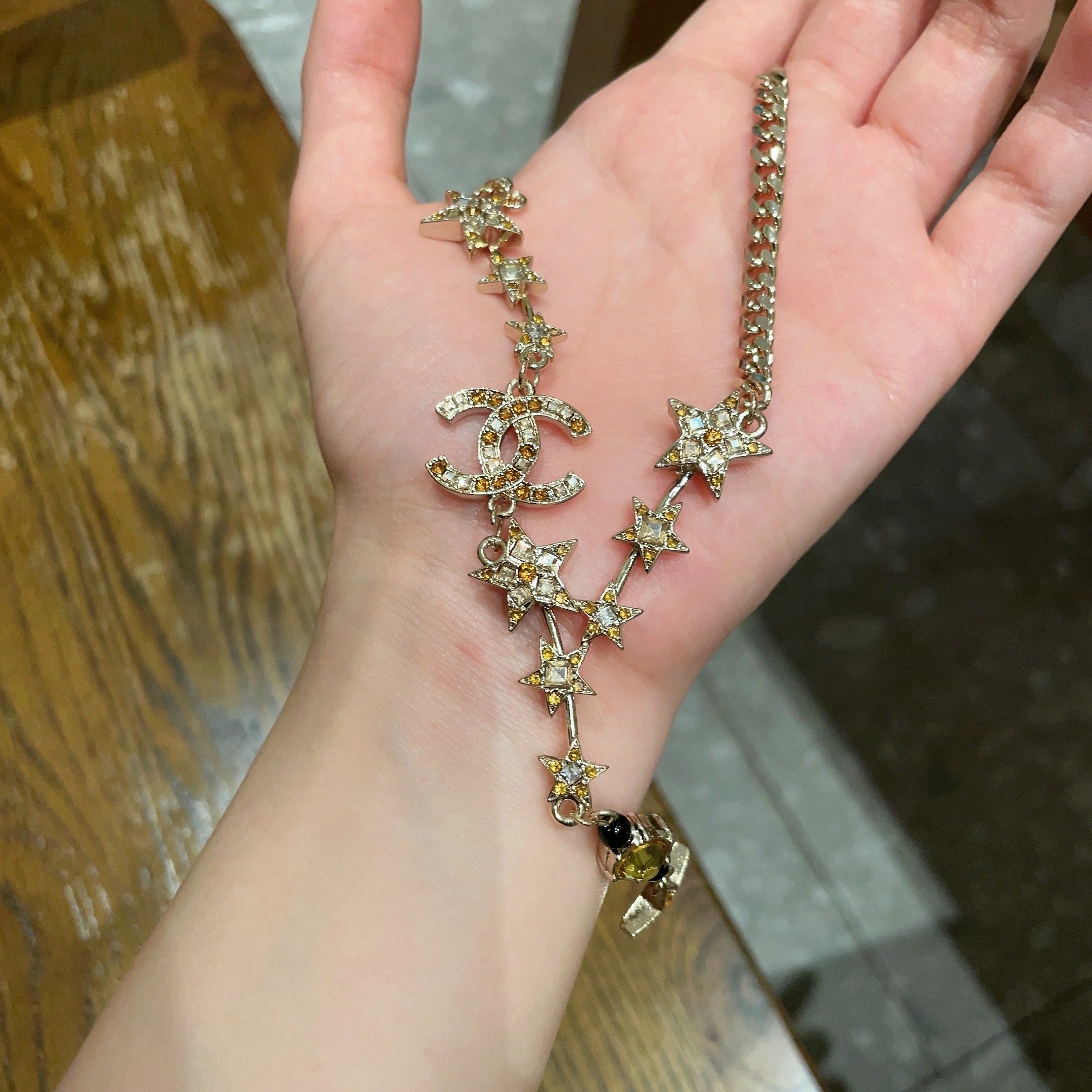 Luxury Gold Star & CC Logo Pendant Necklace with Amber Crystal