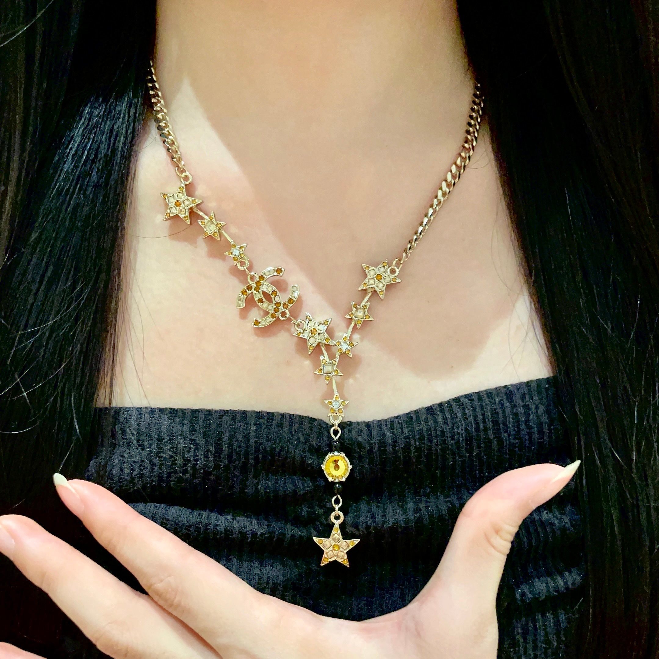 Luxury Gold Star & CC Logo Pendant Necklace with Amber Crystal