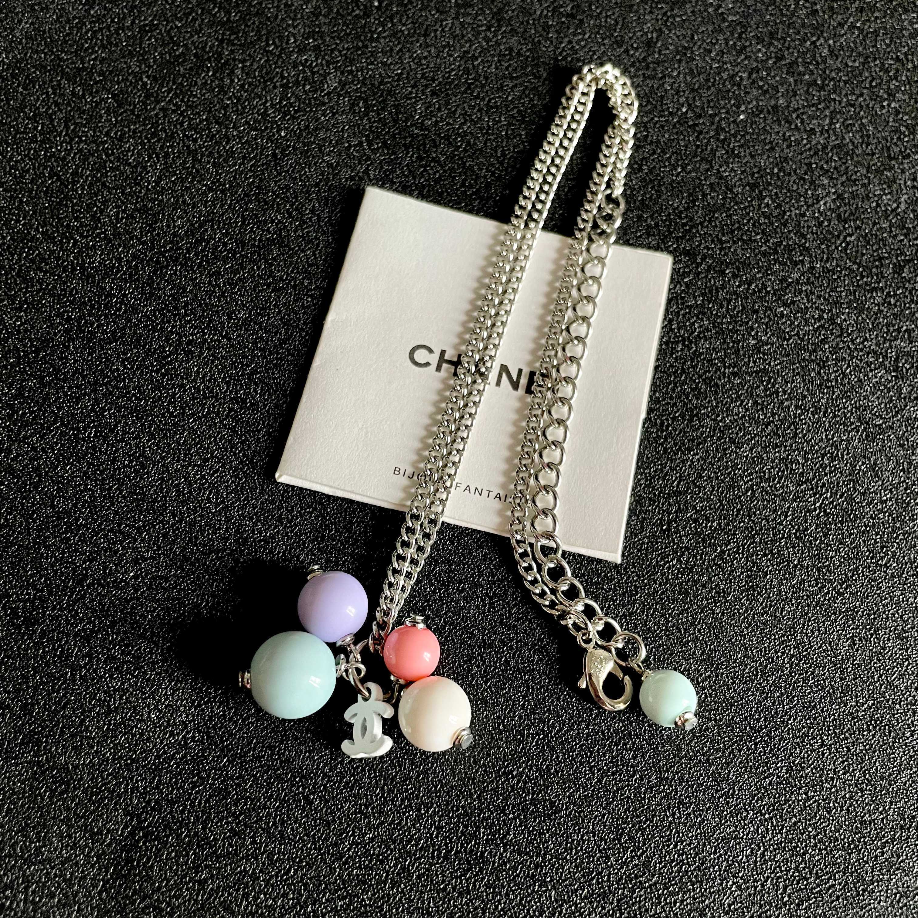 Chanel Pastel Bead Silver Chain Necklace with CC Logo Charm