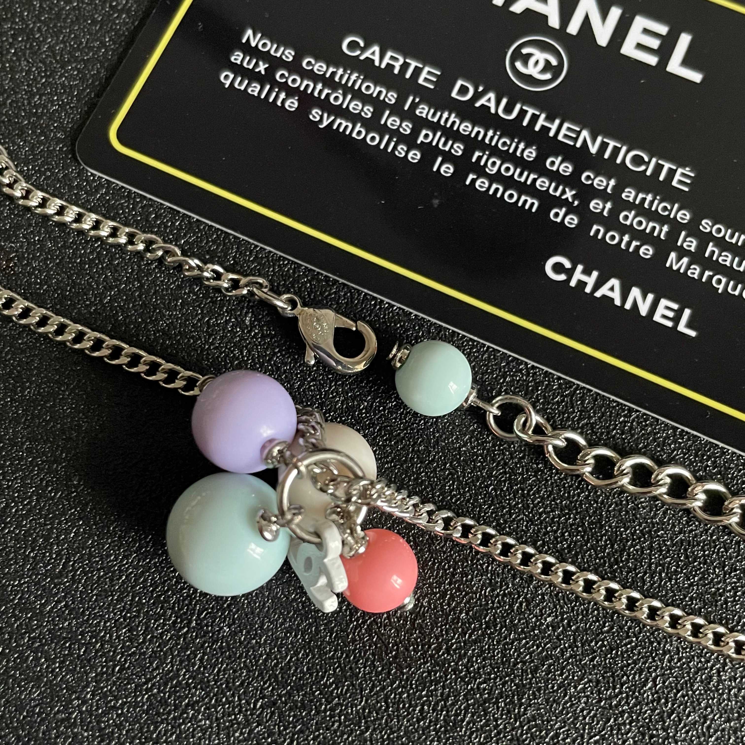 Chanel Pastel Bead Silver Chain Necklace with CC Logo Charm