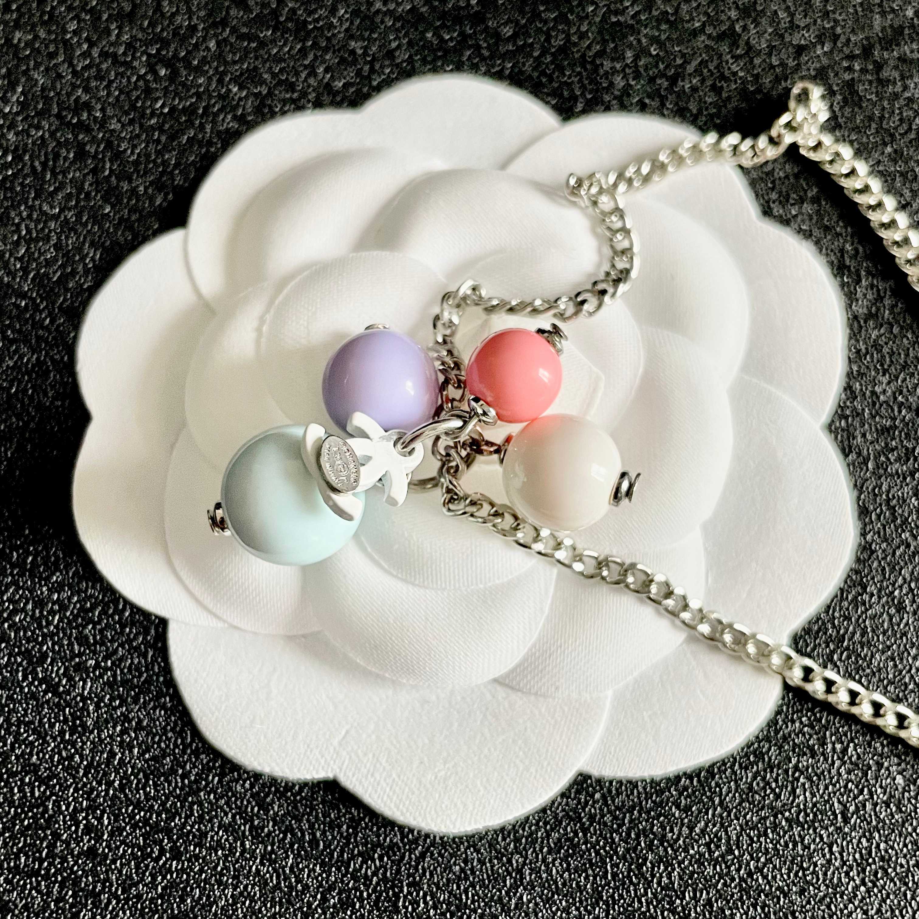 Chanel Pastel Bead Silver Chain Necklace with CC Logo Charm
