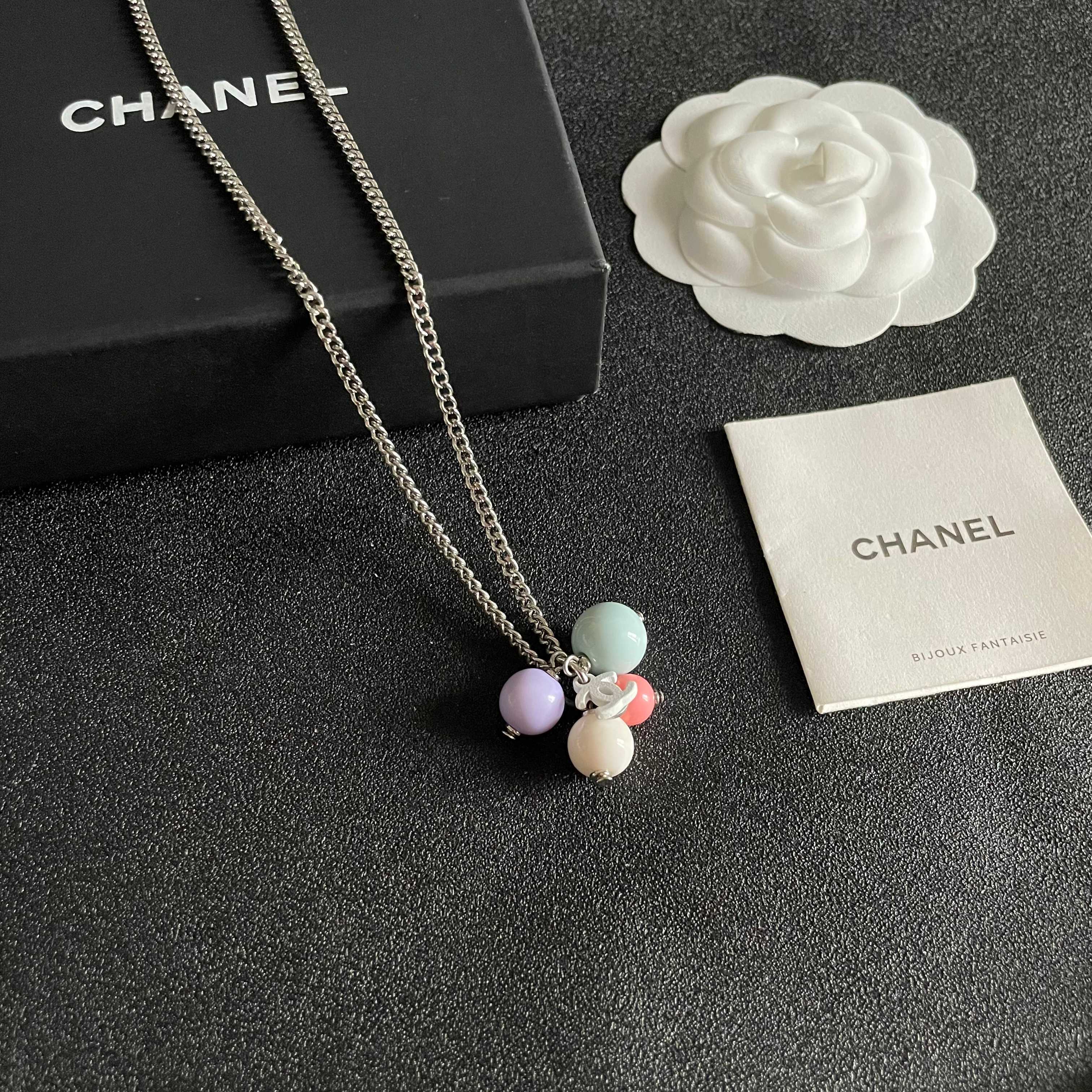 Chanel Pastel Bead Silver Chain Necklace with CC Logo Charm