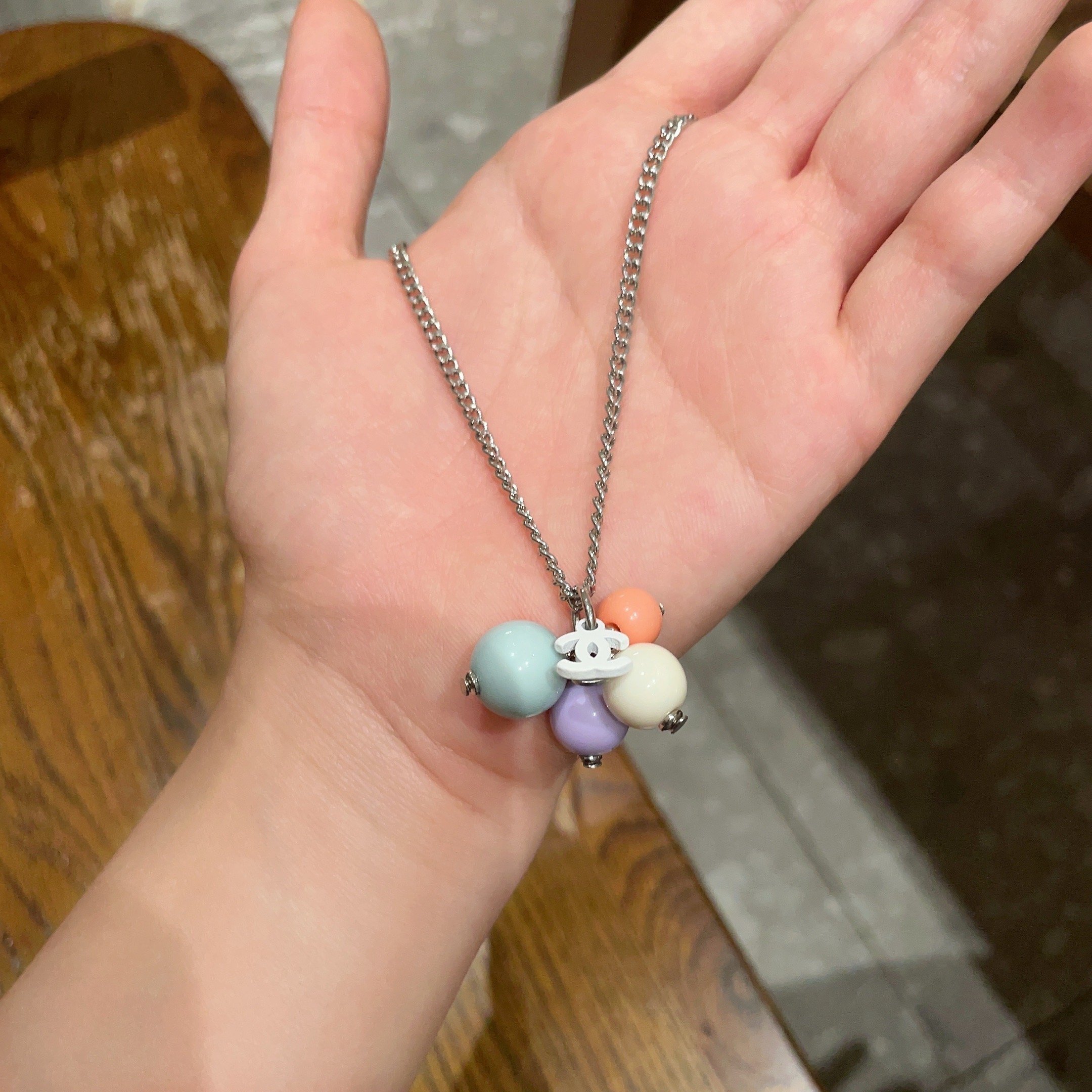 Chanel Pastel Bead Silver Chain Necklace with CC Logo Charm