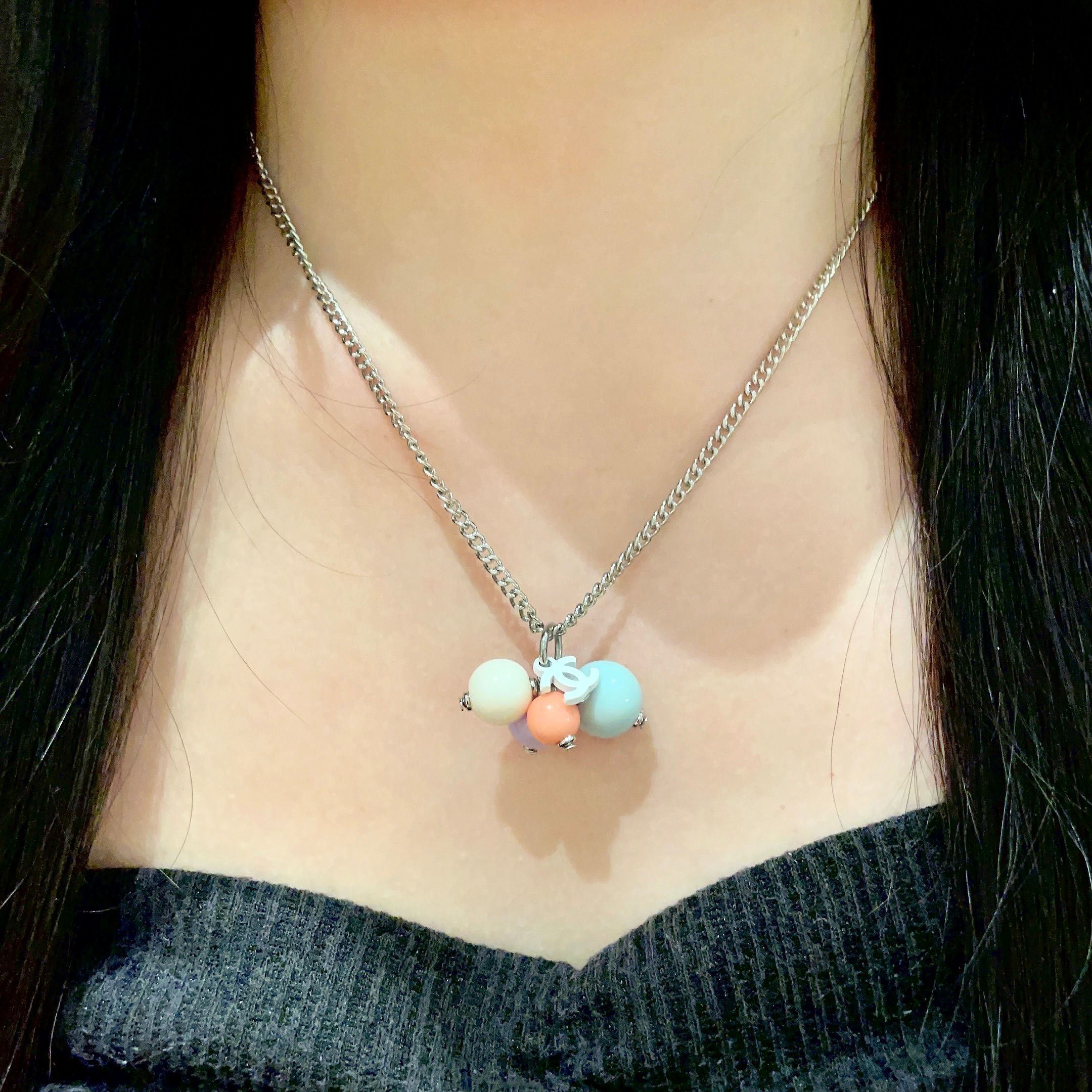 Chanel Pastel Bead Silver Chain Necklace with CC Logo Charm
