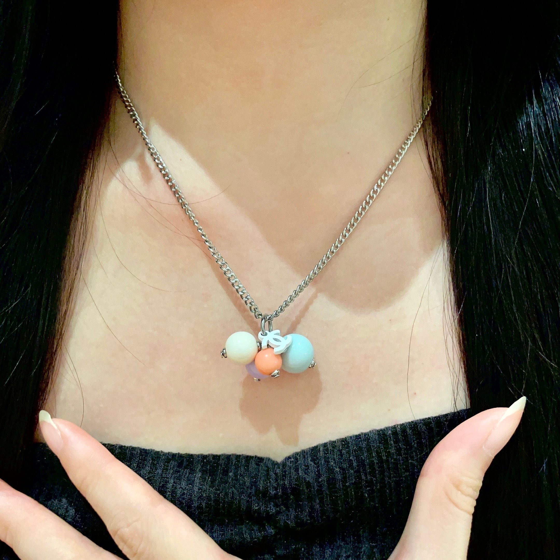 Chanel Pastel Bead Silver Chain Necklace with CC Logo Charm