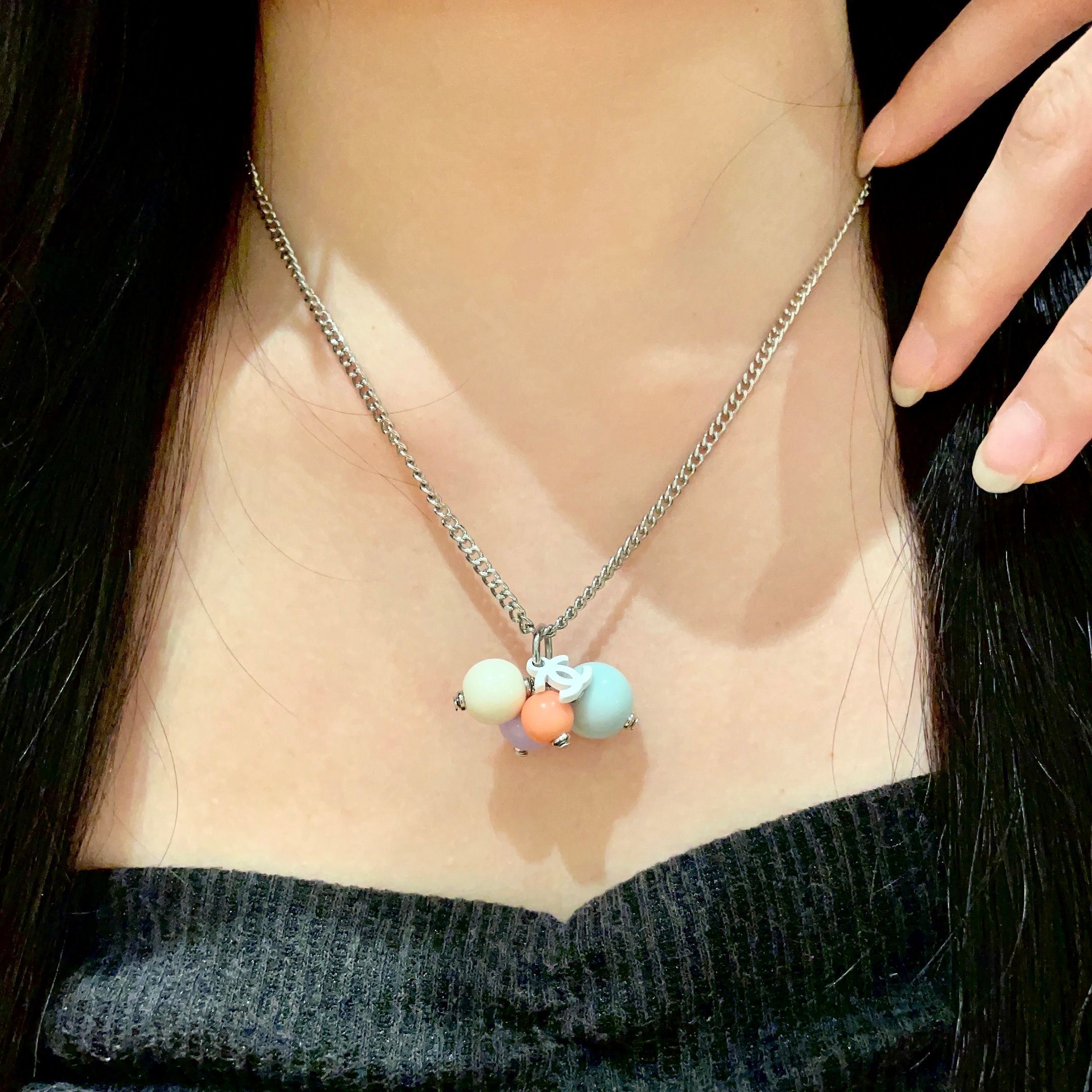 Chanel Pastel Bead Silver Chain Necklace with CC Logo Charm
