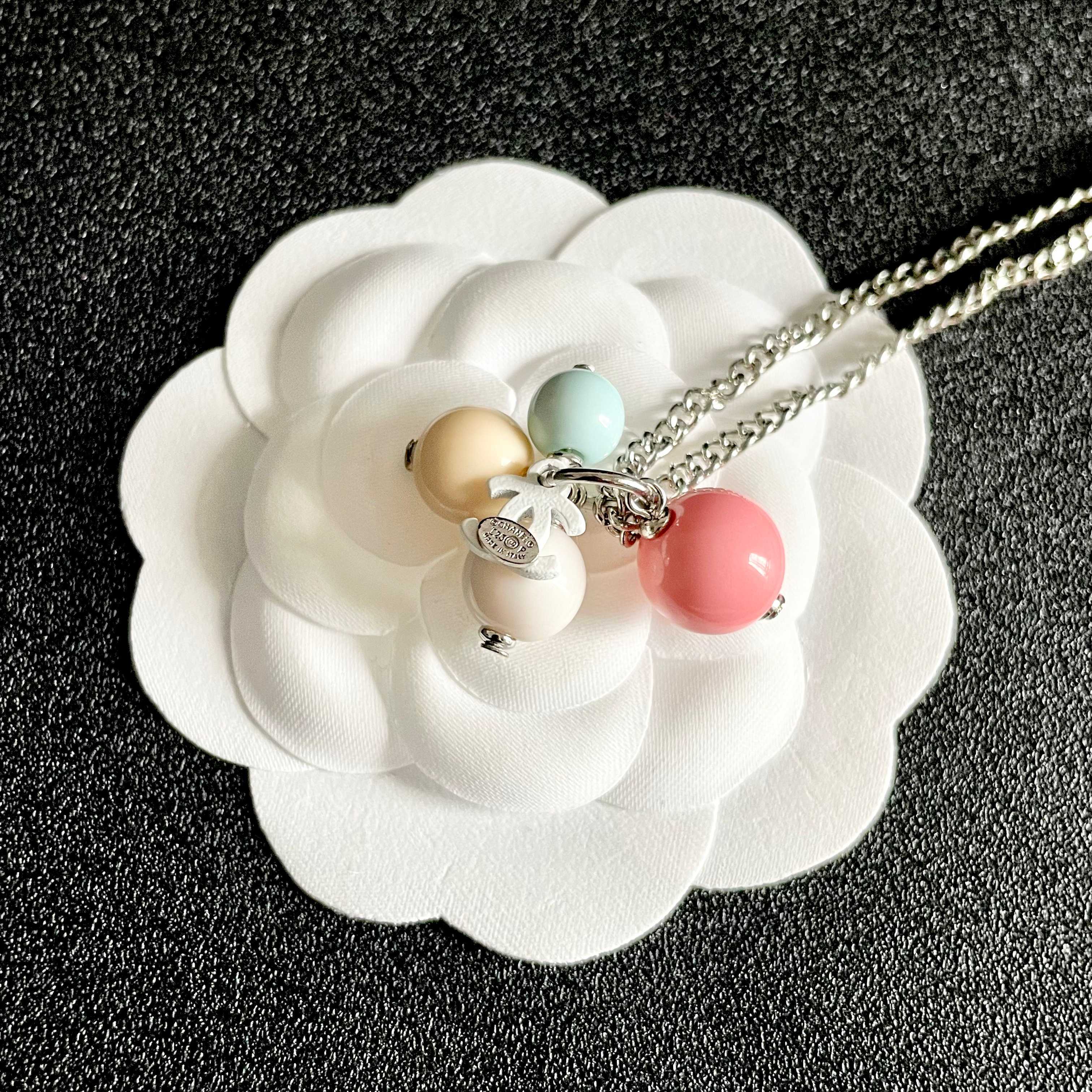 Chic Pastel Bead Pendant Necklace with Silver Chain and CC Charm