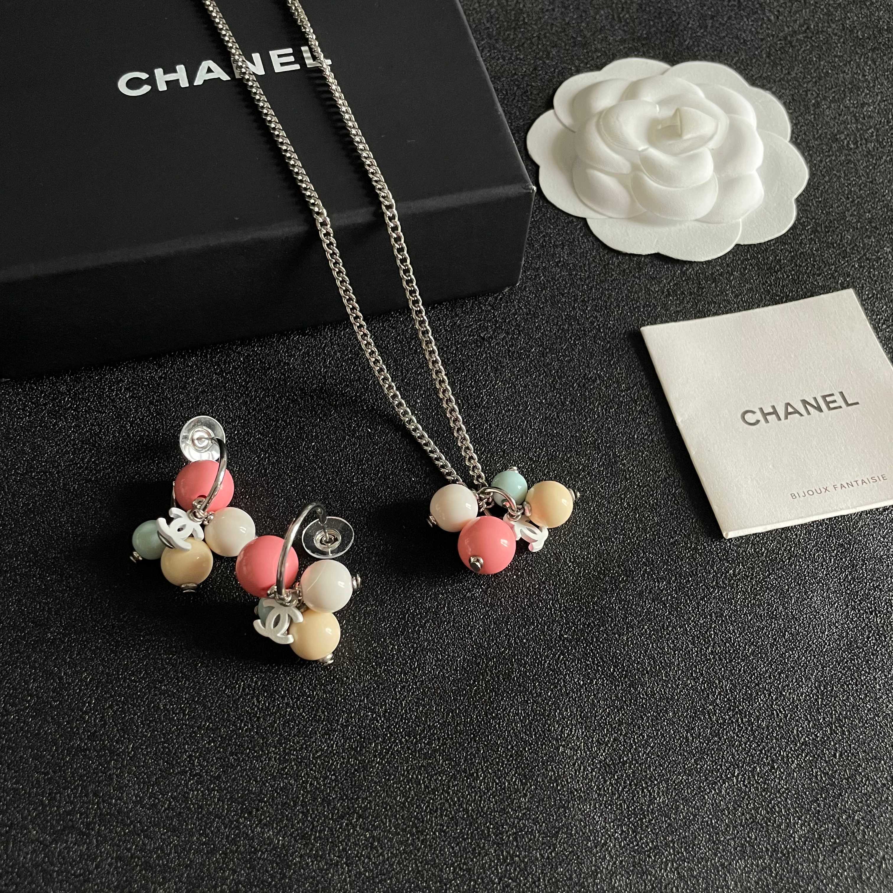 Chic Pastel Bead Pendant Necklace with Silver Chain and CC Charm