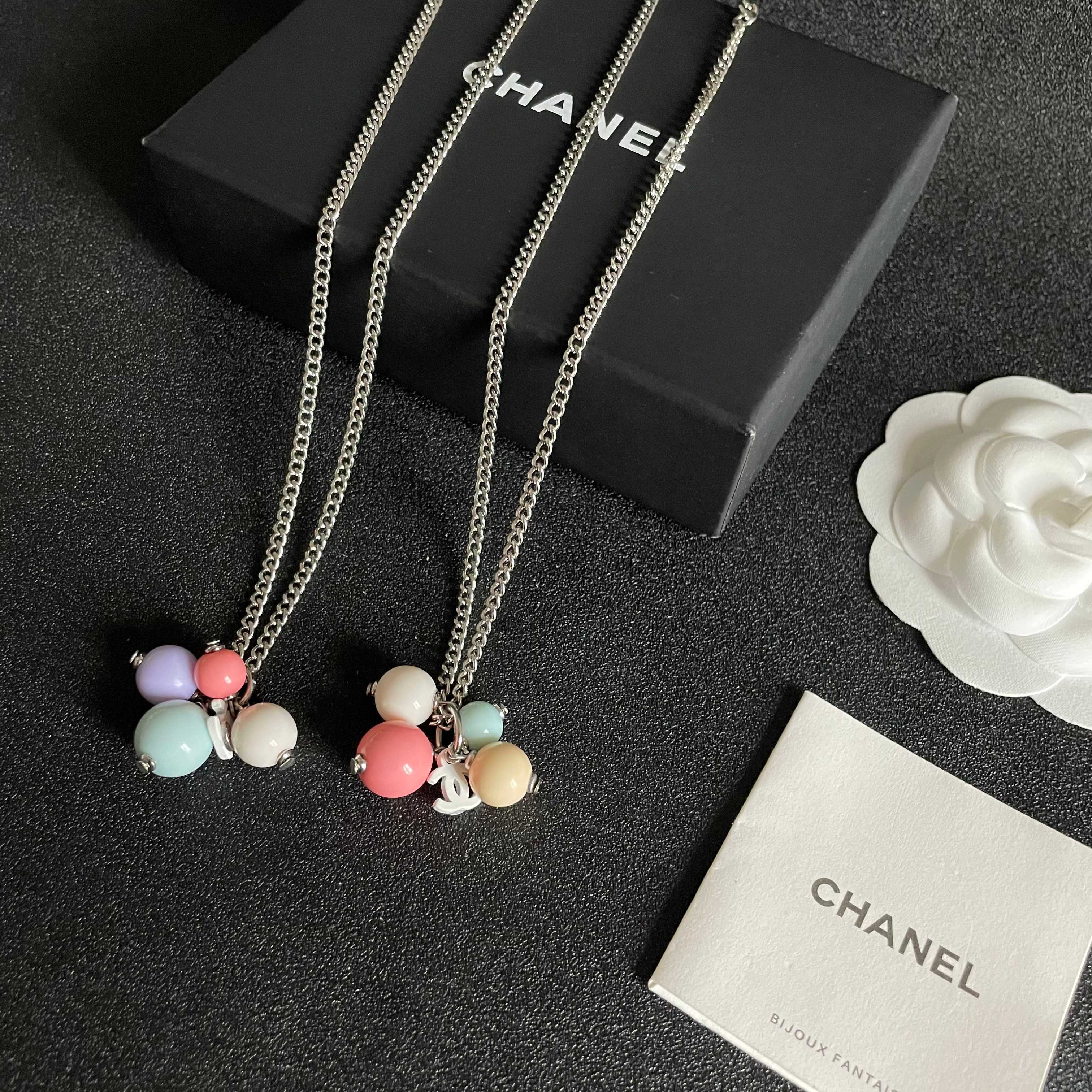 Chic Pastel Bead Pendant Necklace with Silver Chain and CC Charm