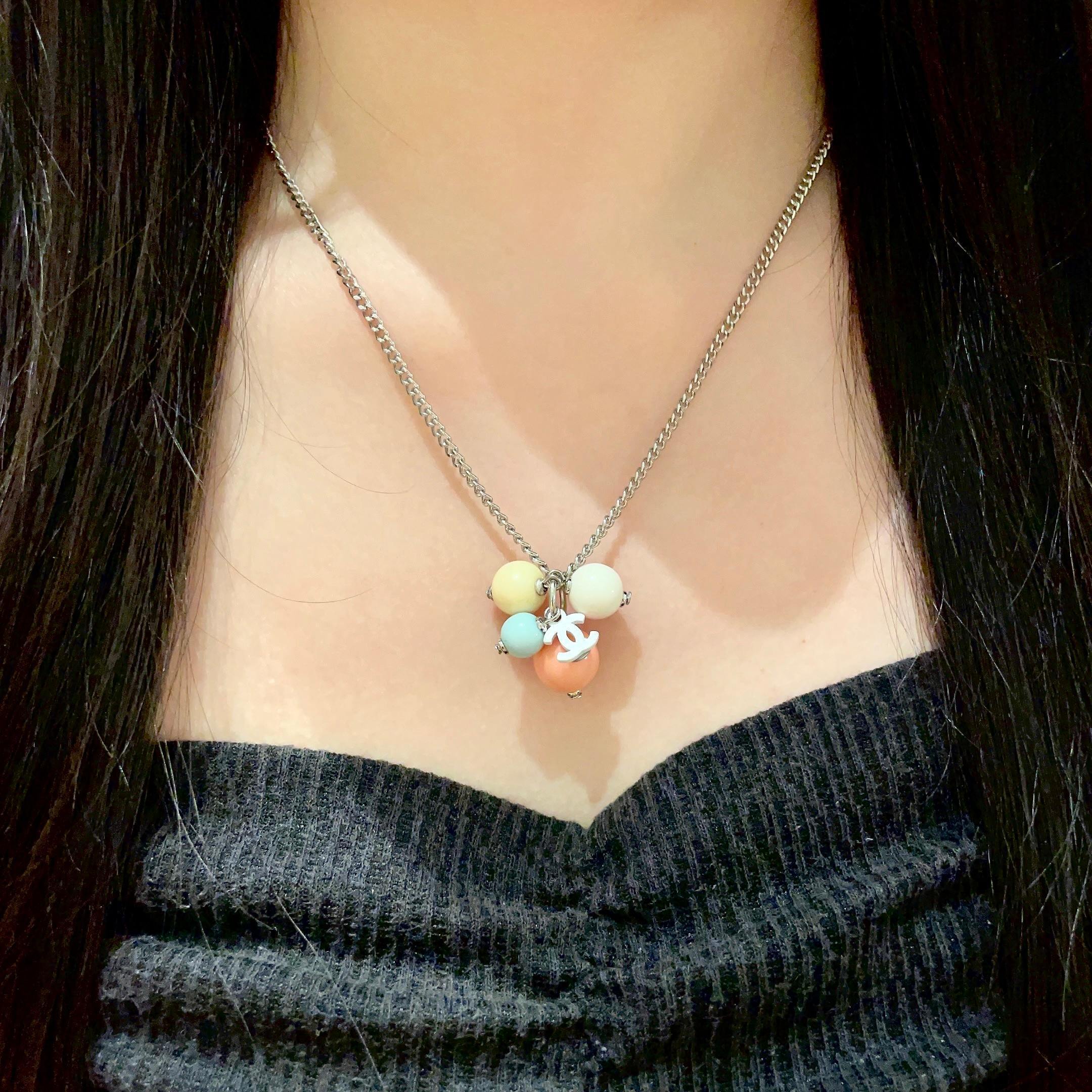 Chic Pastel Bead Pendant Necklace with Silver Chain and CC Charm