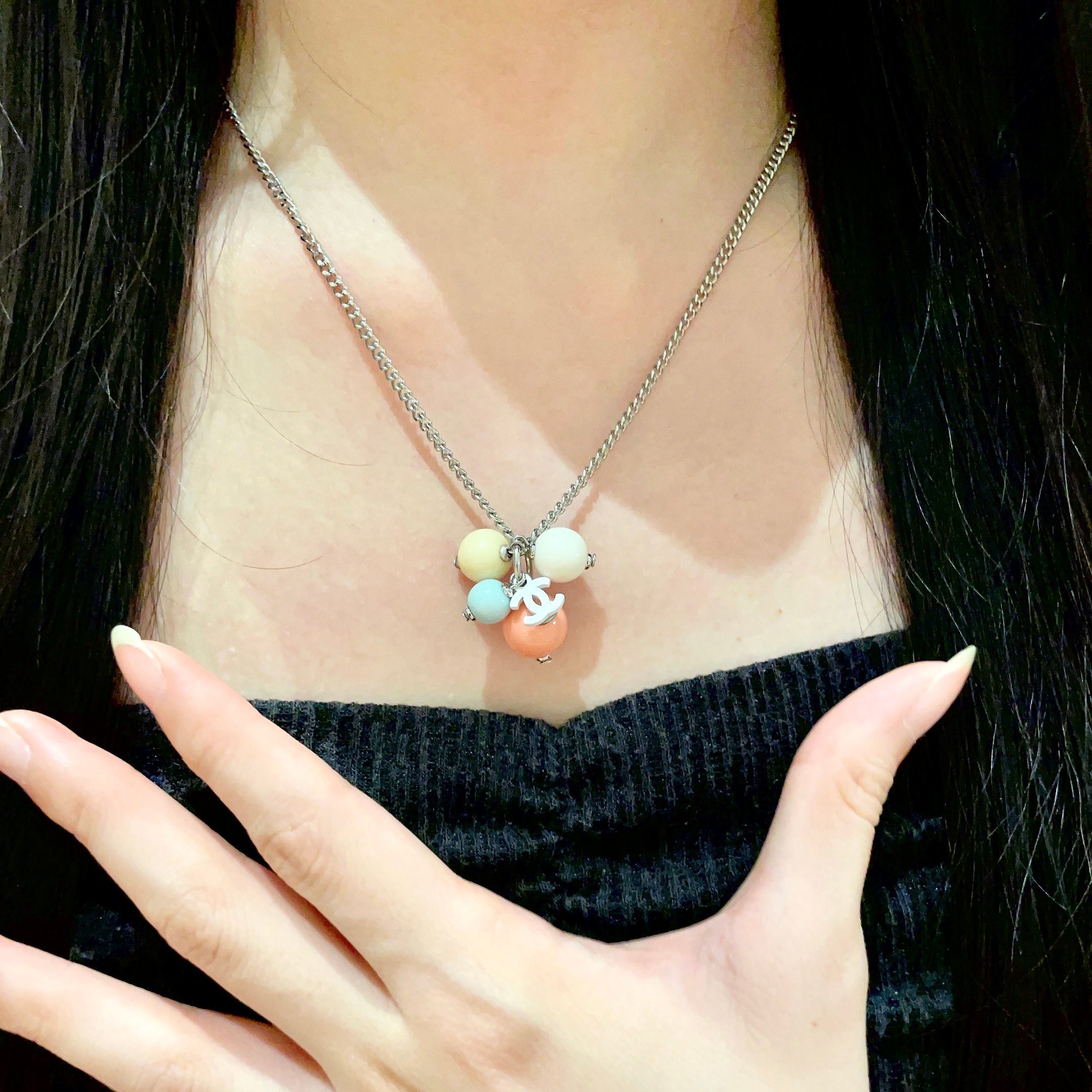 Chic Pastel Bead Pendant Necklace with Silver Chain and CC Charm