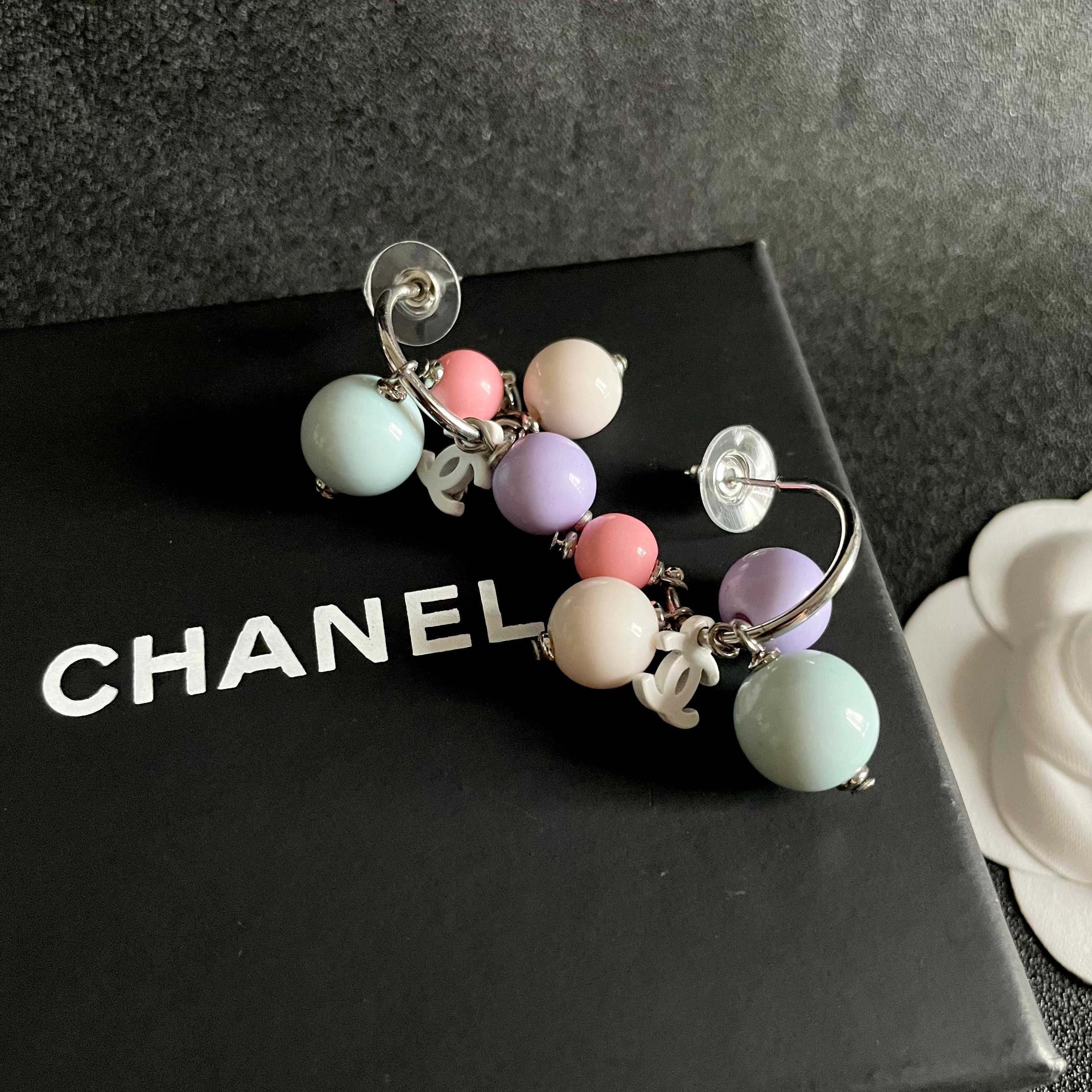 Chanel CC Logo Pastel Bead Earrings & Necklace Jewelry Set