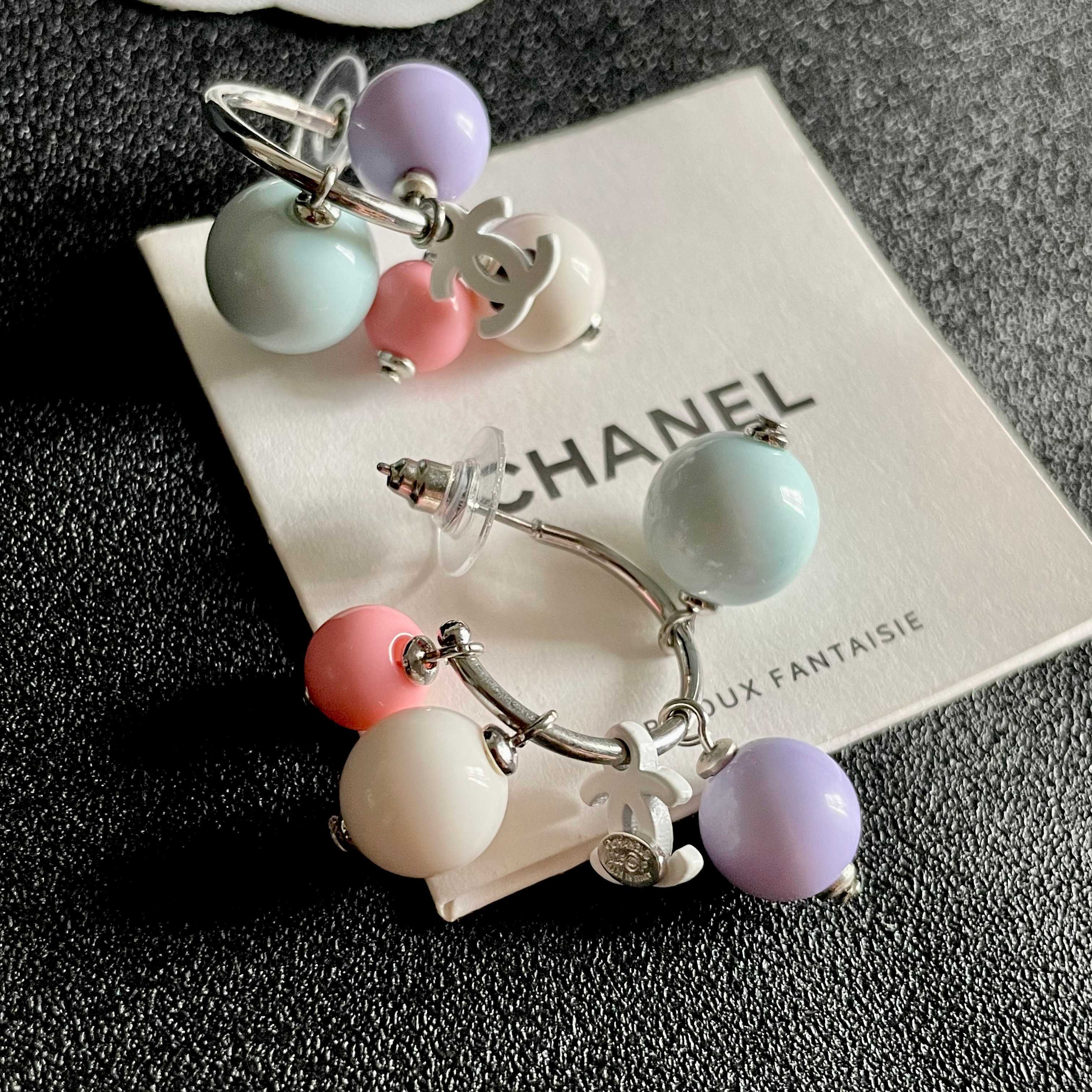 Chanel CC Logo Pastel Bead Earrings & Necklace Jewelry Set