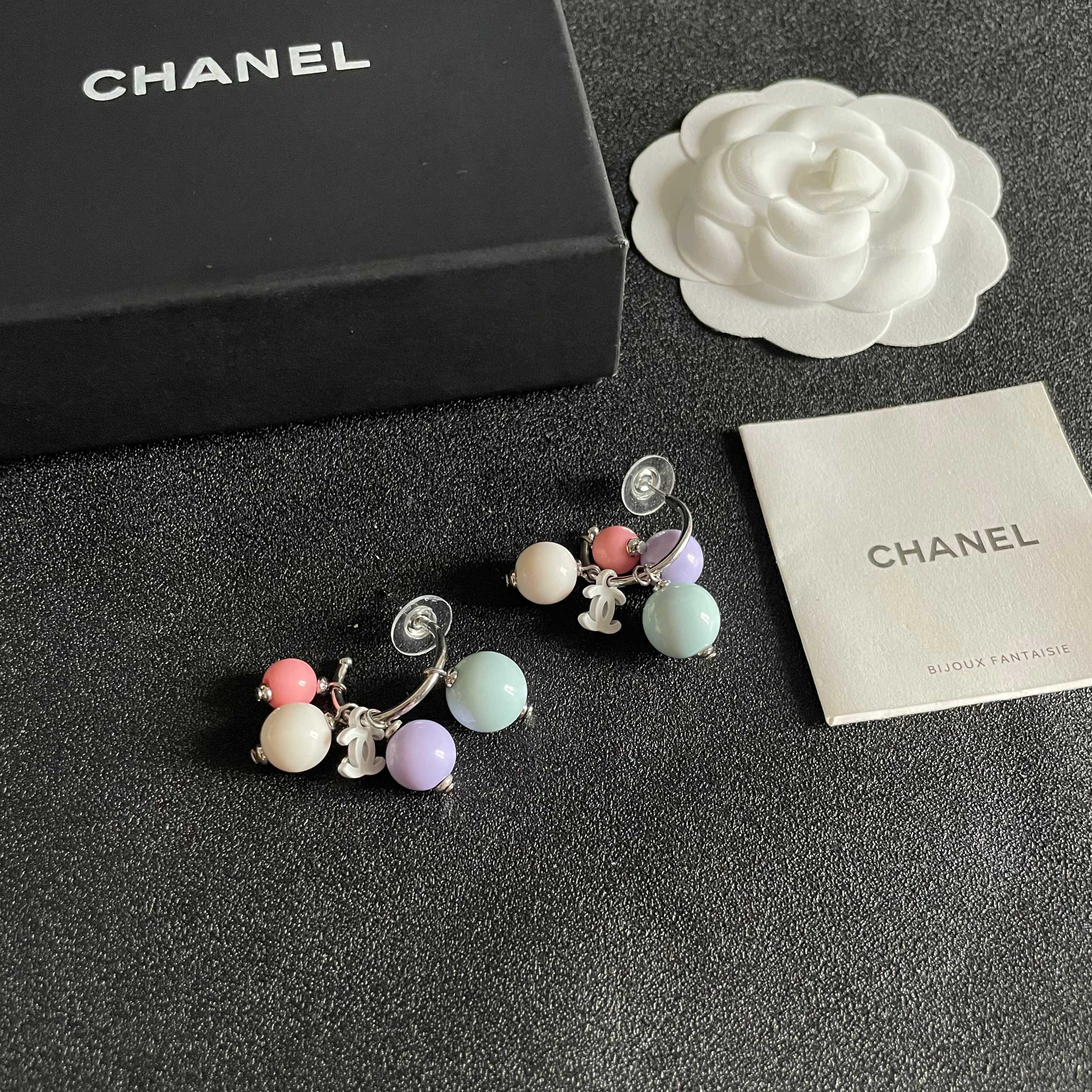 Chanel CC Logo Pastel Bead Earrings & Necklace Jewelry Set