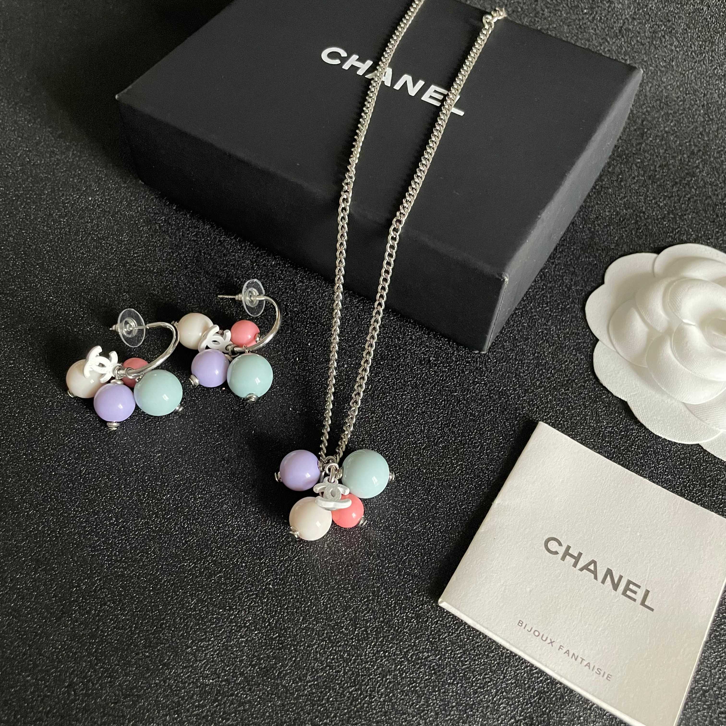 Chanel CC Logo Pastel Bead Earrings & Necklace Jewelry Set