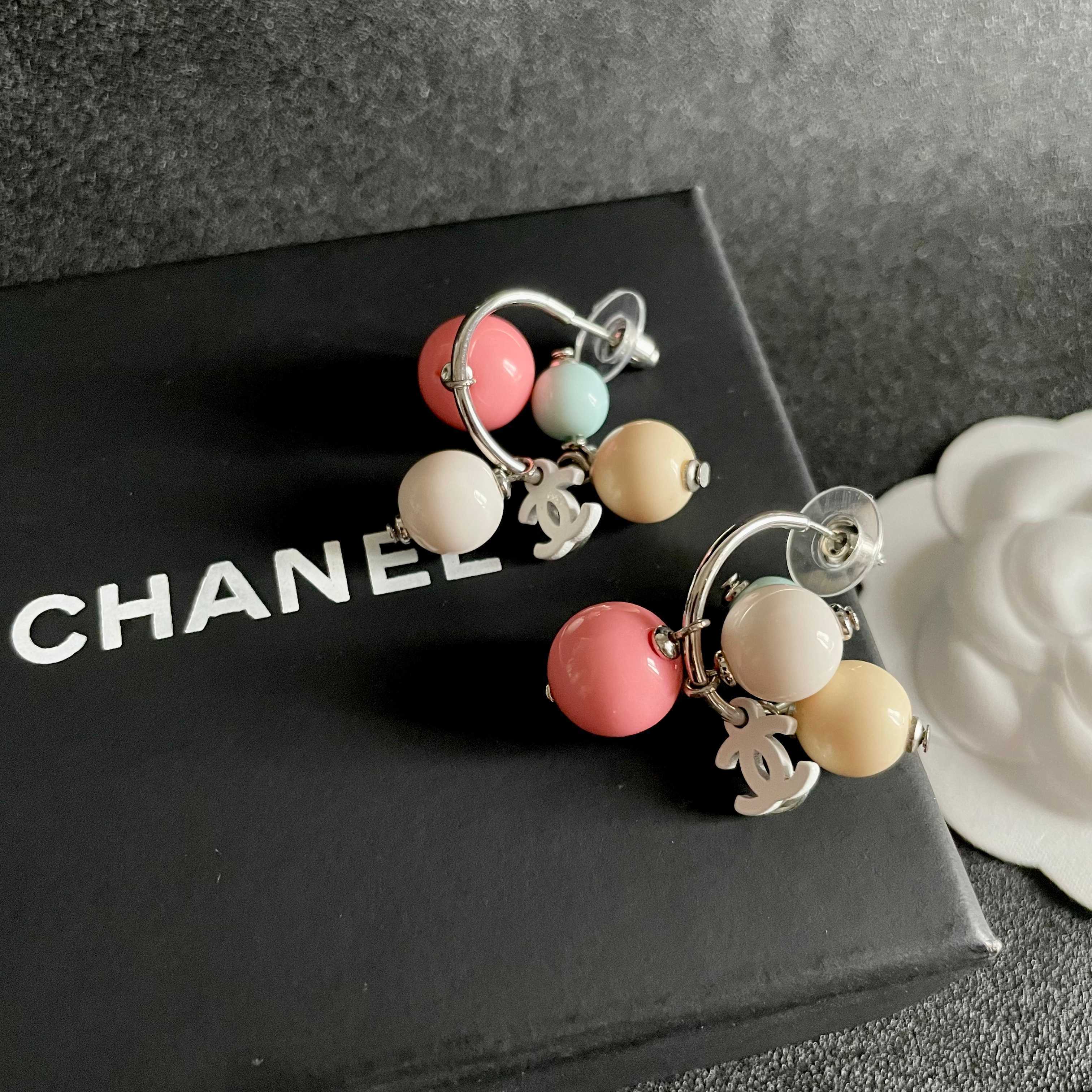 Chanel Pastel Bead Hoop Earrings with CC Charm - Elegant Jewelry