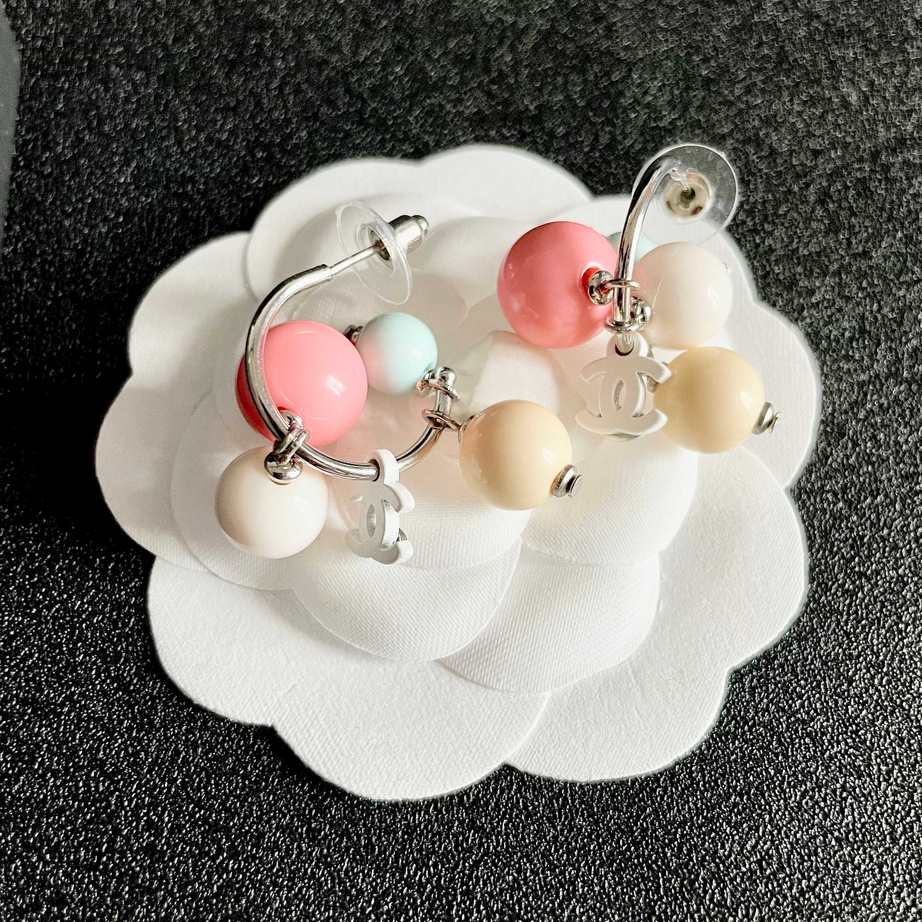 Chanel Pastel Bead Hoop Earrings with CC Charm - Elegant Jewelry
